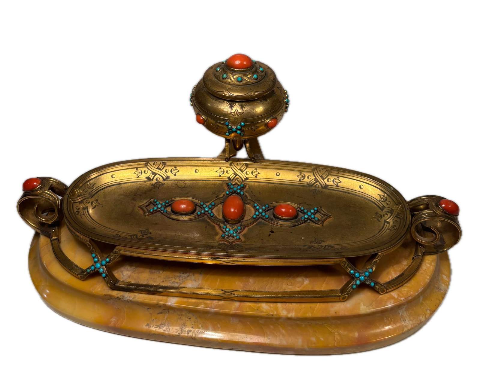 Late 19th-Century French Gilt-Brass Inkwell with Coral and Turquoise Decoration