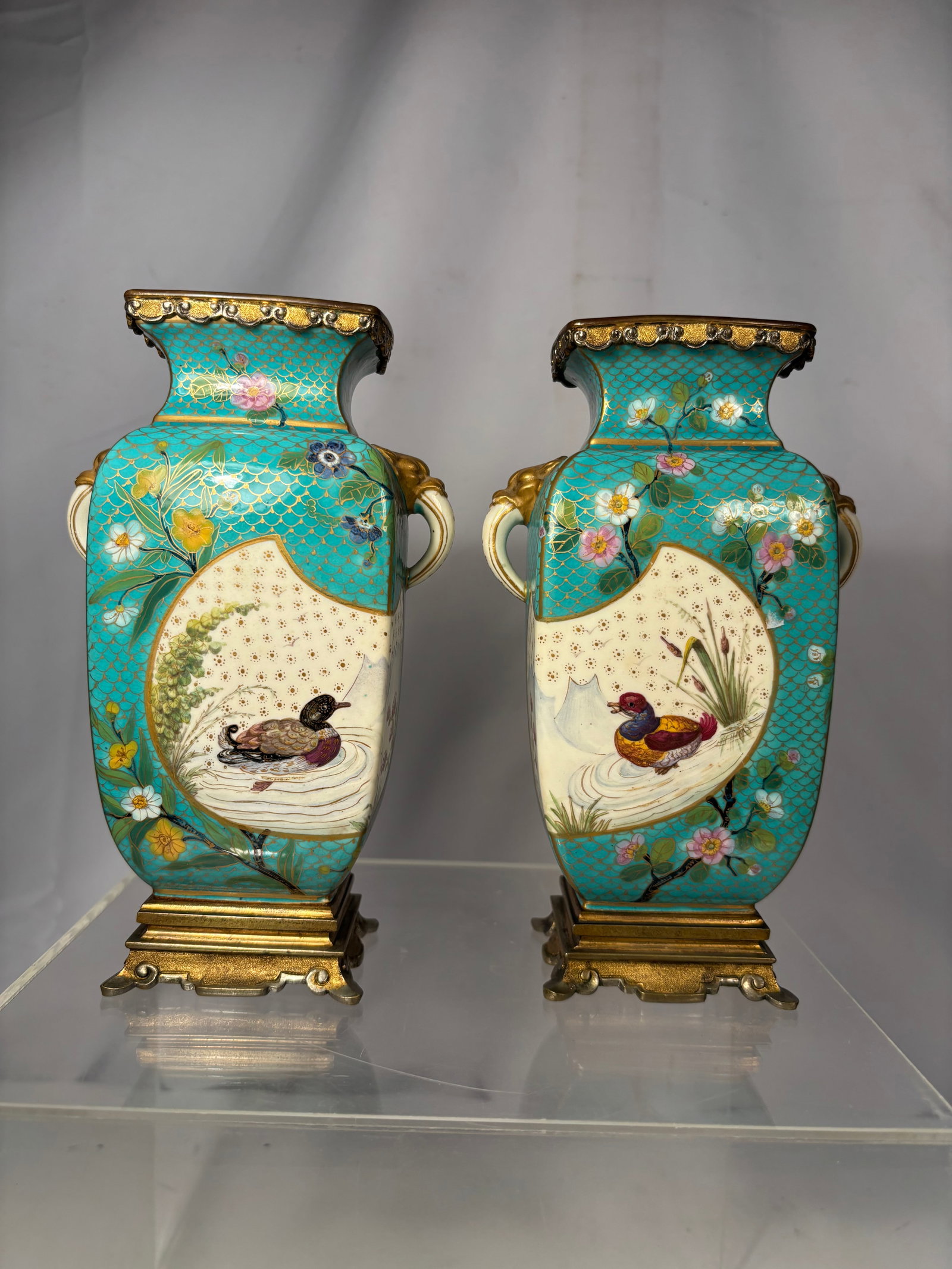 Pair of 19th-Century French Chinoiserie Cloisonné Enamel Footed Vases
