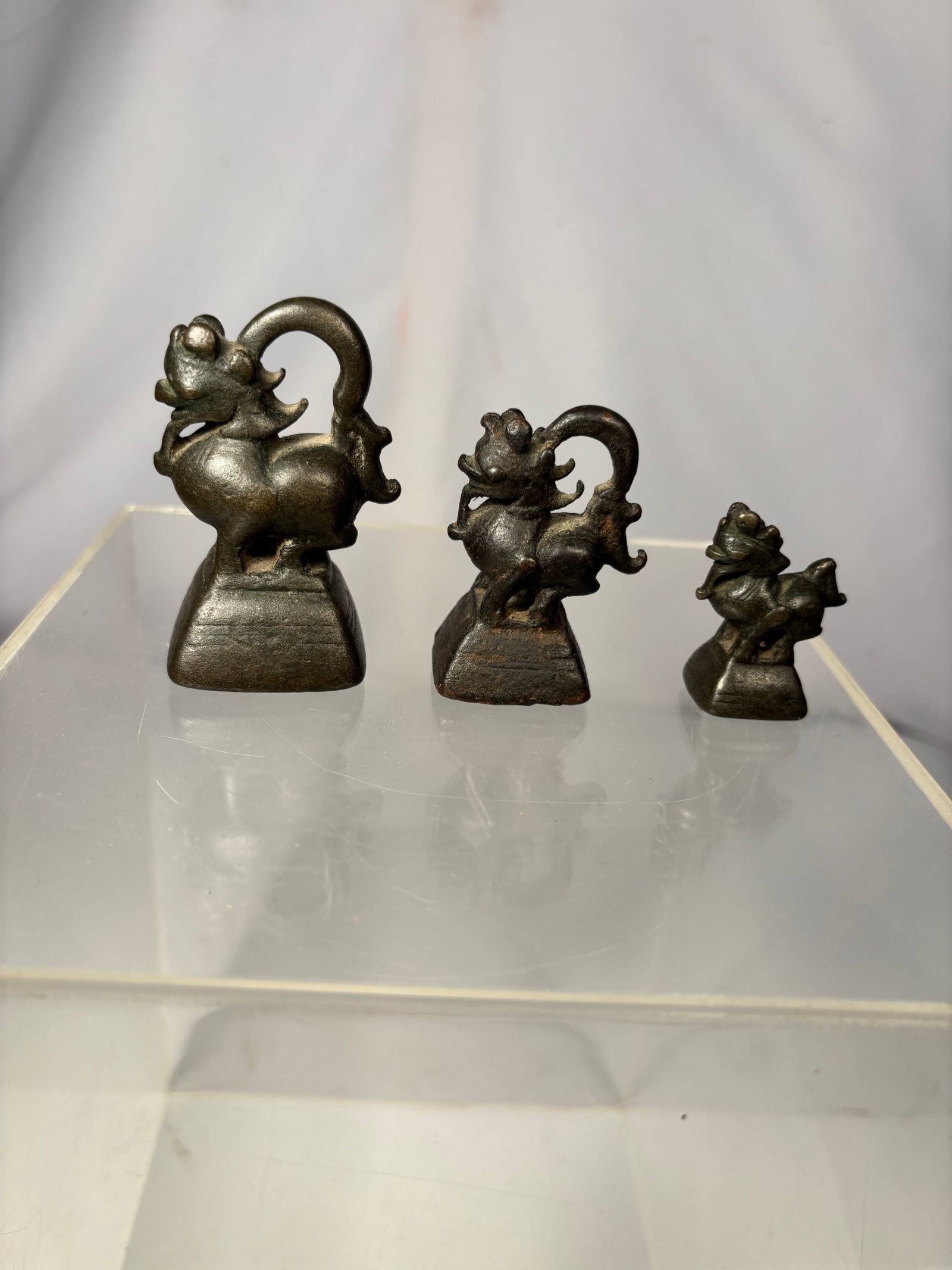 Three Burmese Bronze Chinthe Opium Weights