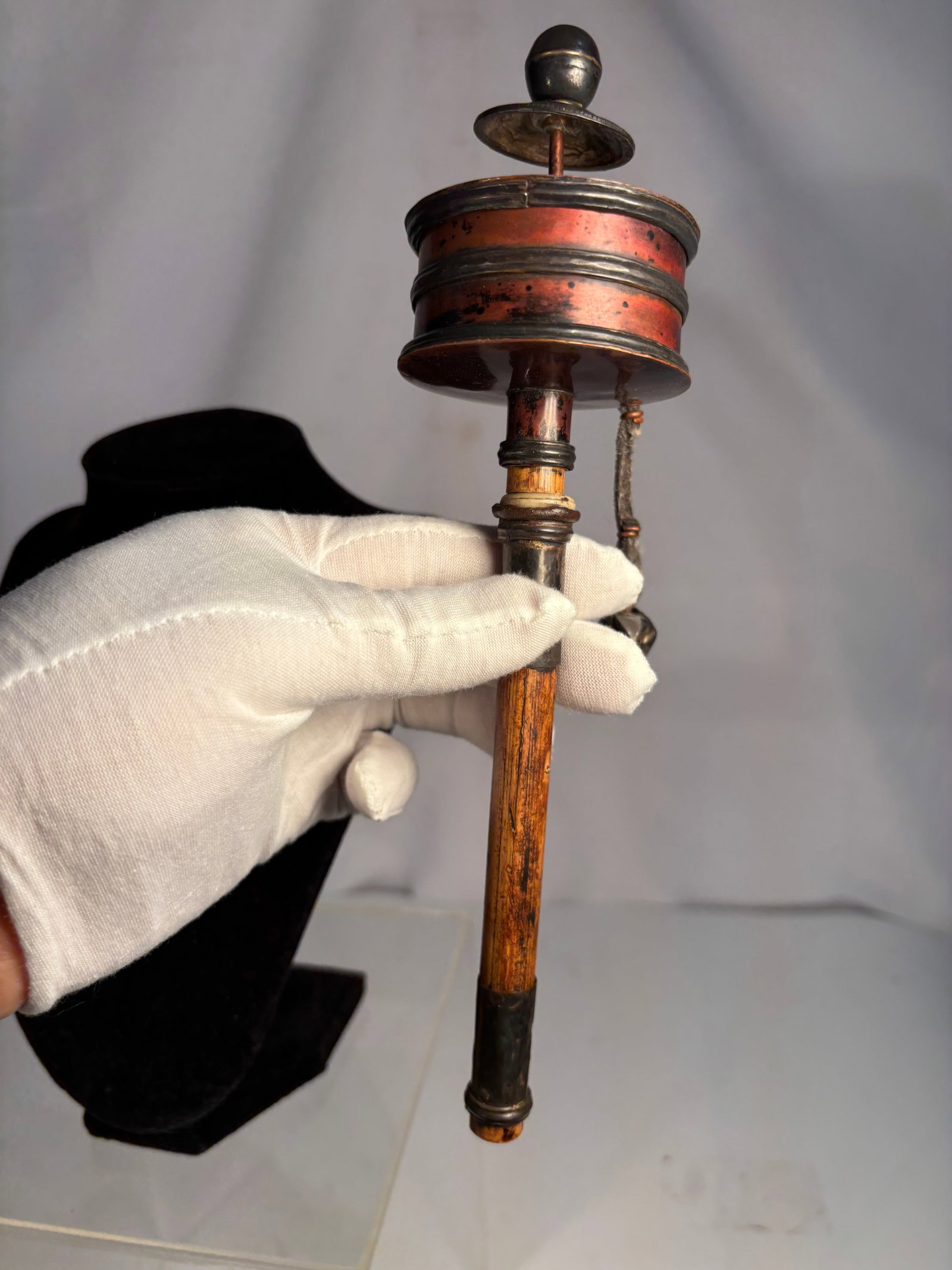 Tibetan Copper Prayer Wheel with Silver Mounts and Wood Handle