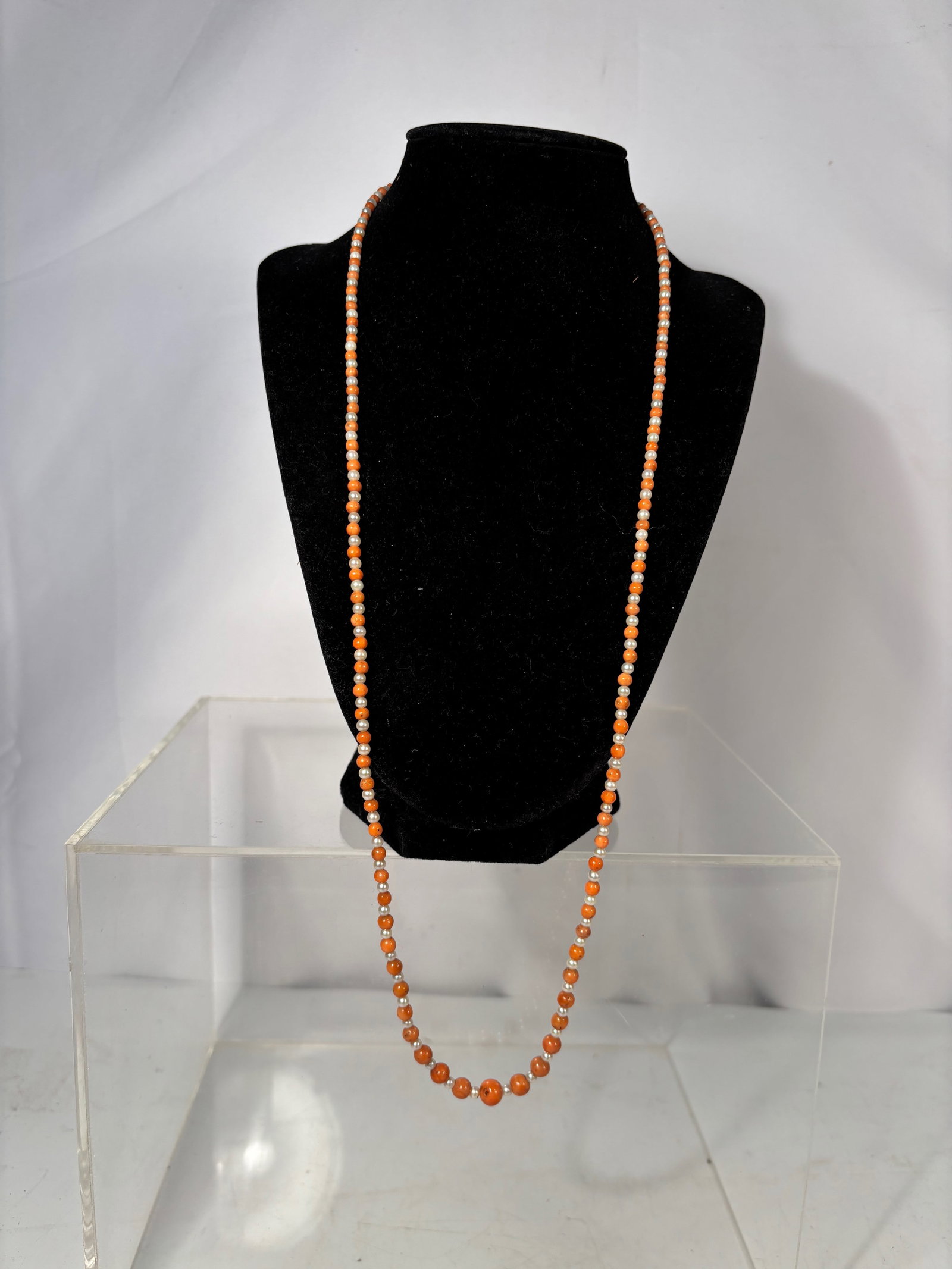 A long Victorian Coral & Seed Pearl Necklace with 14K Gold Clasp