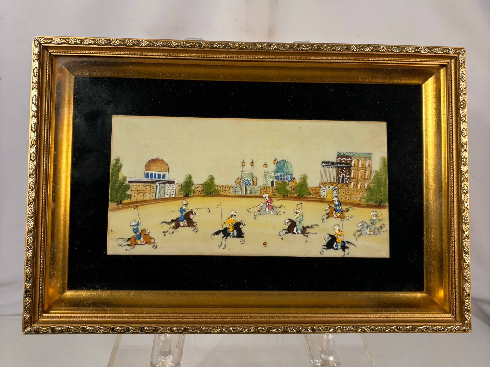 Framed Indo-Persian Miniature Painting Depicting a Chovgan Polo Match