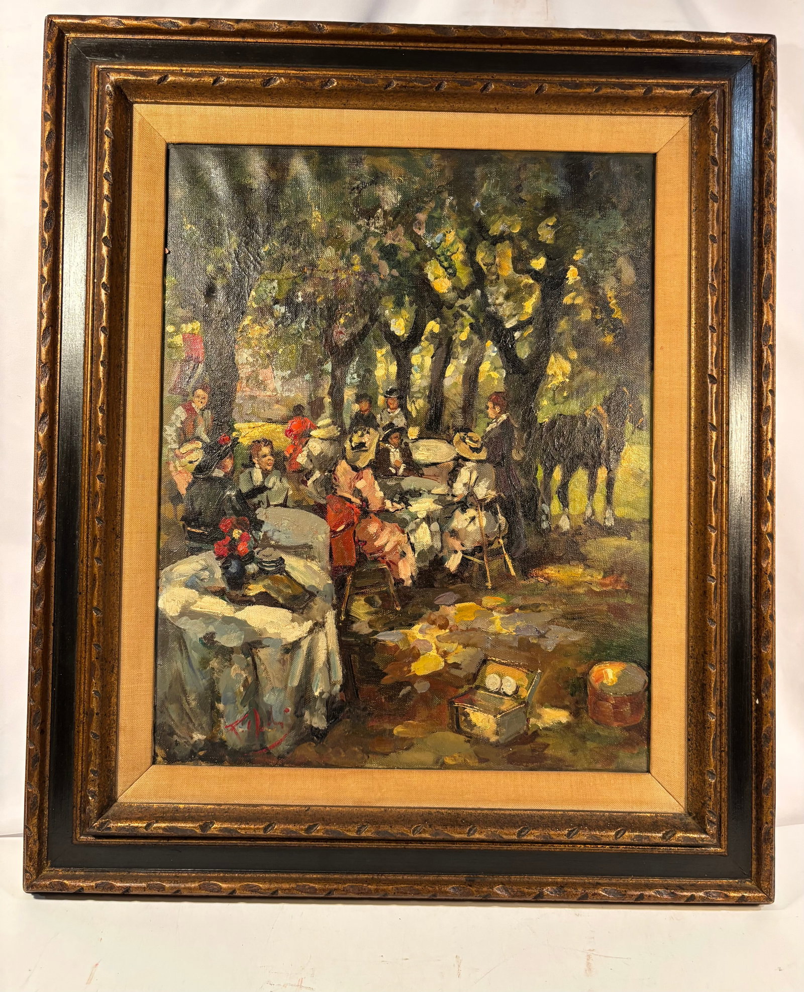 Continental School, Figures at an Outdoor Café, Oil on Canvas Signed: Impressionist oil-on-canvas painting depicting a lively outdoor café or garden gathering beneath a canopy of trees. Seated figures in fashionable dress occupy tables arranged along a shaded pathway, 