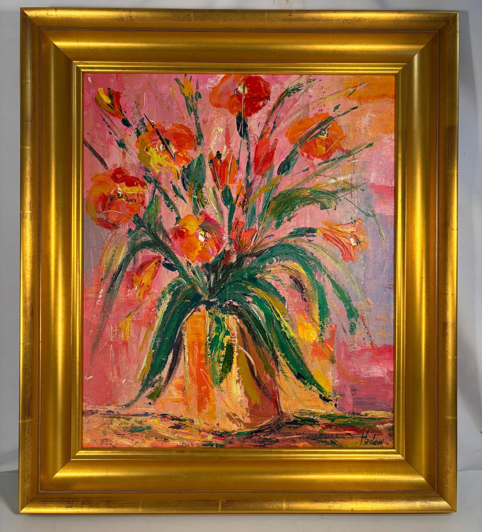 Vibrant Floral Still Life, Oil on Canvas, Signed Lower Right, Framed.