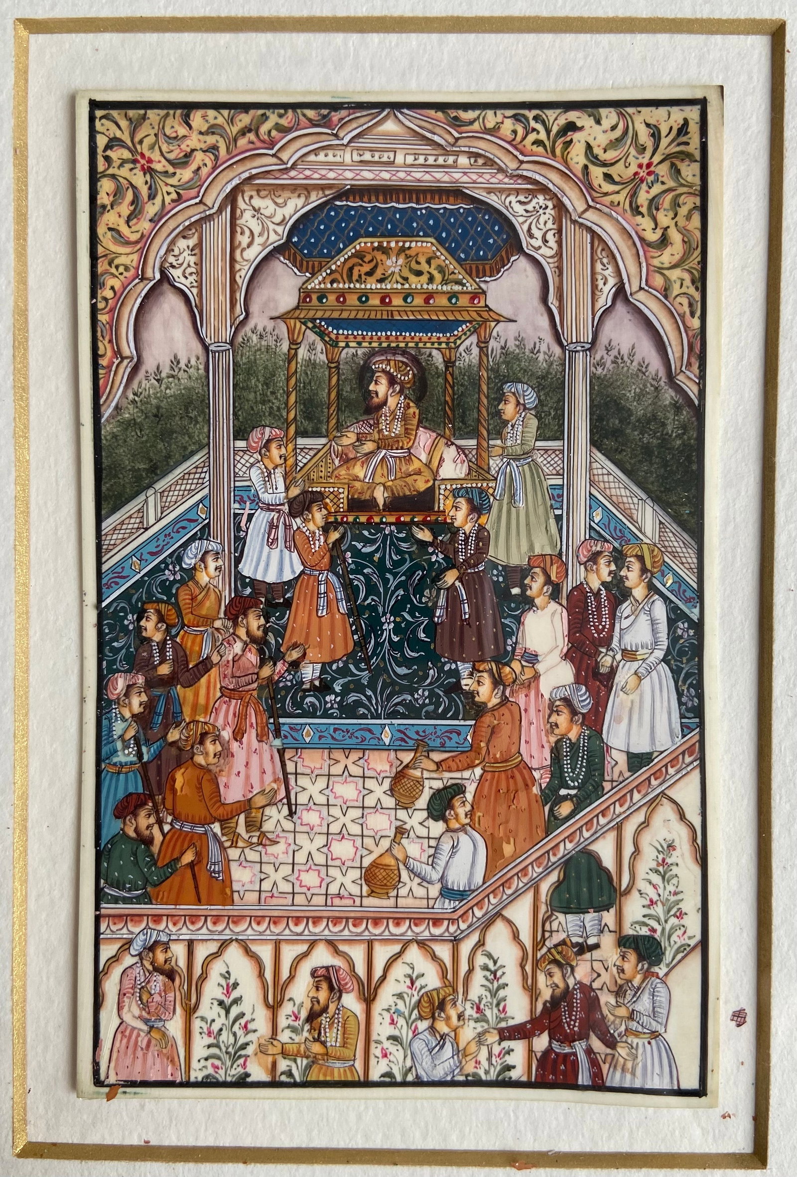 Indian Royal Mughal Court Miniature Hand-Painted Painting: 19th century, Hand-painted Indian Mughal-style miniature depicting a royal court scene with an enthroned ruler surrounded by attendants, musicians, and nobles. Executed in opaque watercolor with fine 