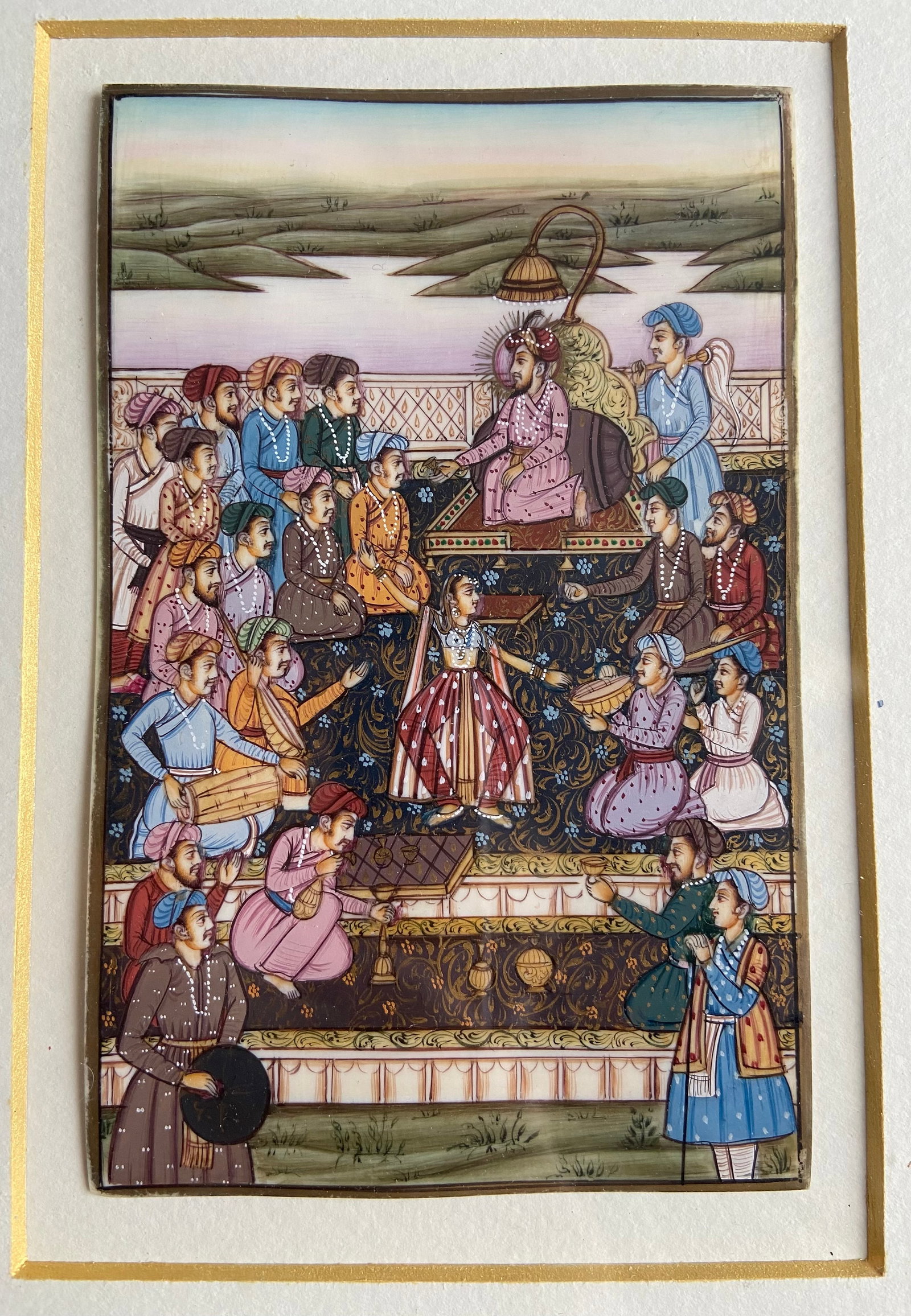 Indian Royal Mughal Durbar Scene Miniature Painting, Hand-Painted: 19th century, Hand-painted Indian Mughal-style miniature depicting a royal audience (durbar) scene, with an enthroned ruler surrounded by nobles, attendants, musicians, and courtiers. Executed in opaq