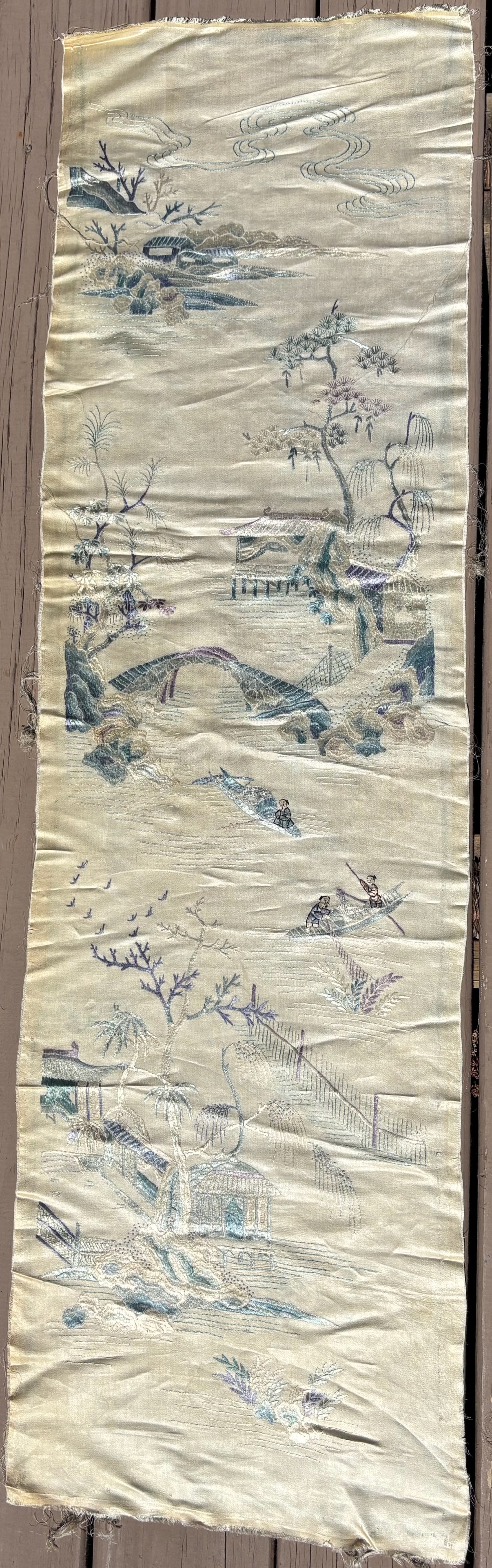 A Chinese silk embroidery panel: Qing Dynasty (1644-1912) ; traditional Chinese landscape scenes; Dimensions?Length:48 inches ; Width: 14 inches.
