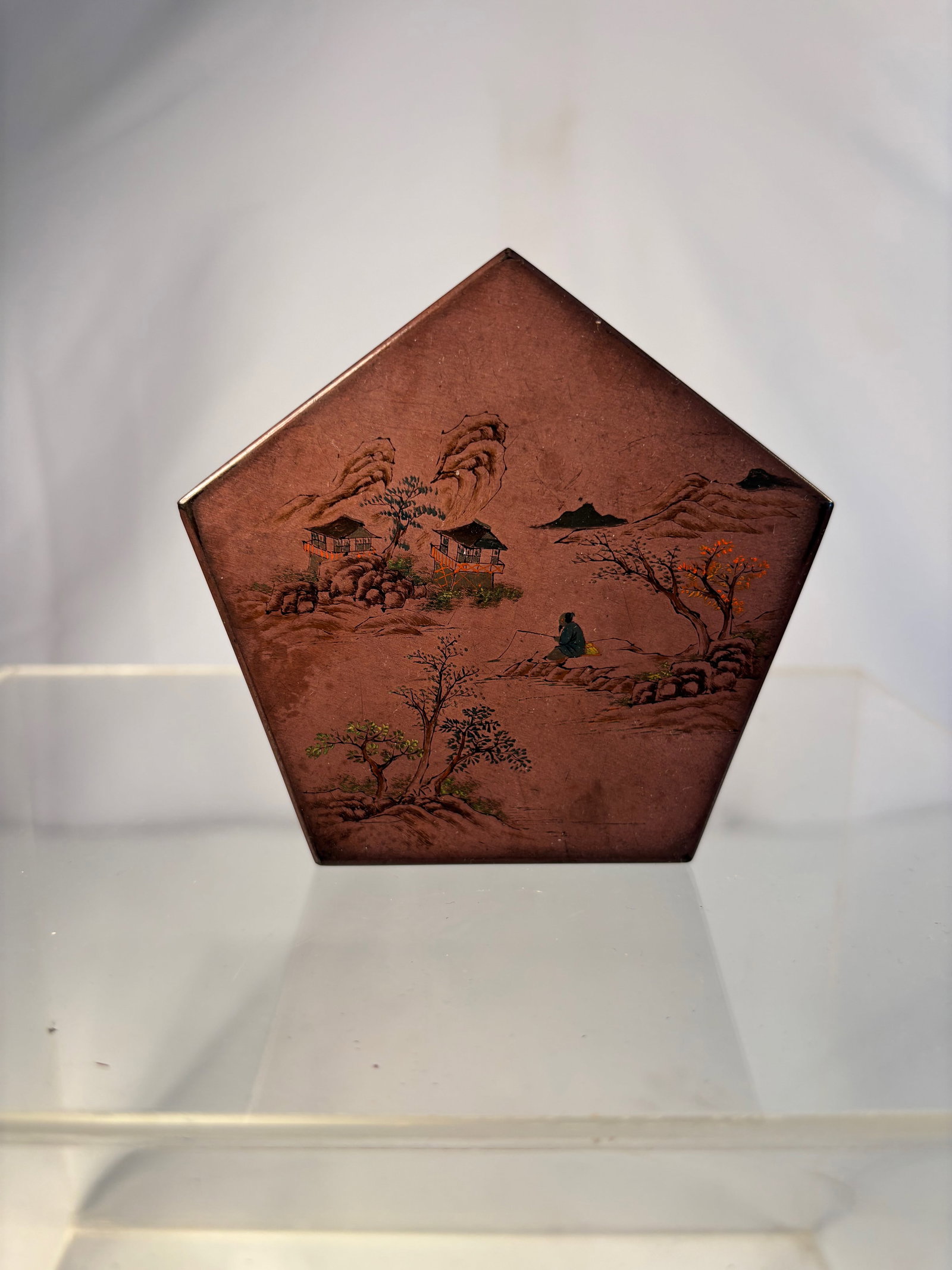 Chinese Hand-Painted Lacquer Box, marked Foochow China: Qing Dynasty(1644-1912); Of pentagonal form, the exterior decorated in fine gilt and colored lacquer depicting a scholar in a mountainous landscape with pavilions and trees, the interior finished in s