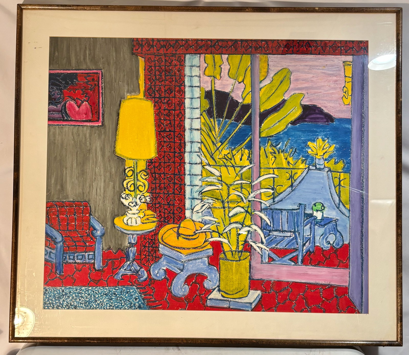 Molly J. Schiff (1927–2018, Chicago), Interior with Tropical View, Oil painting, signed.: A vivid modernist interior composition dating to the 1970s, featuring patterned furnishings, stylized plants, and a bright tropical coastline visible through an open doorway. The saturated reds, yello