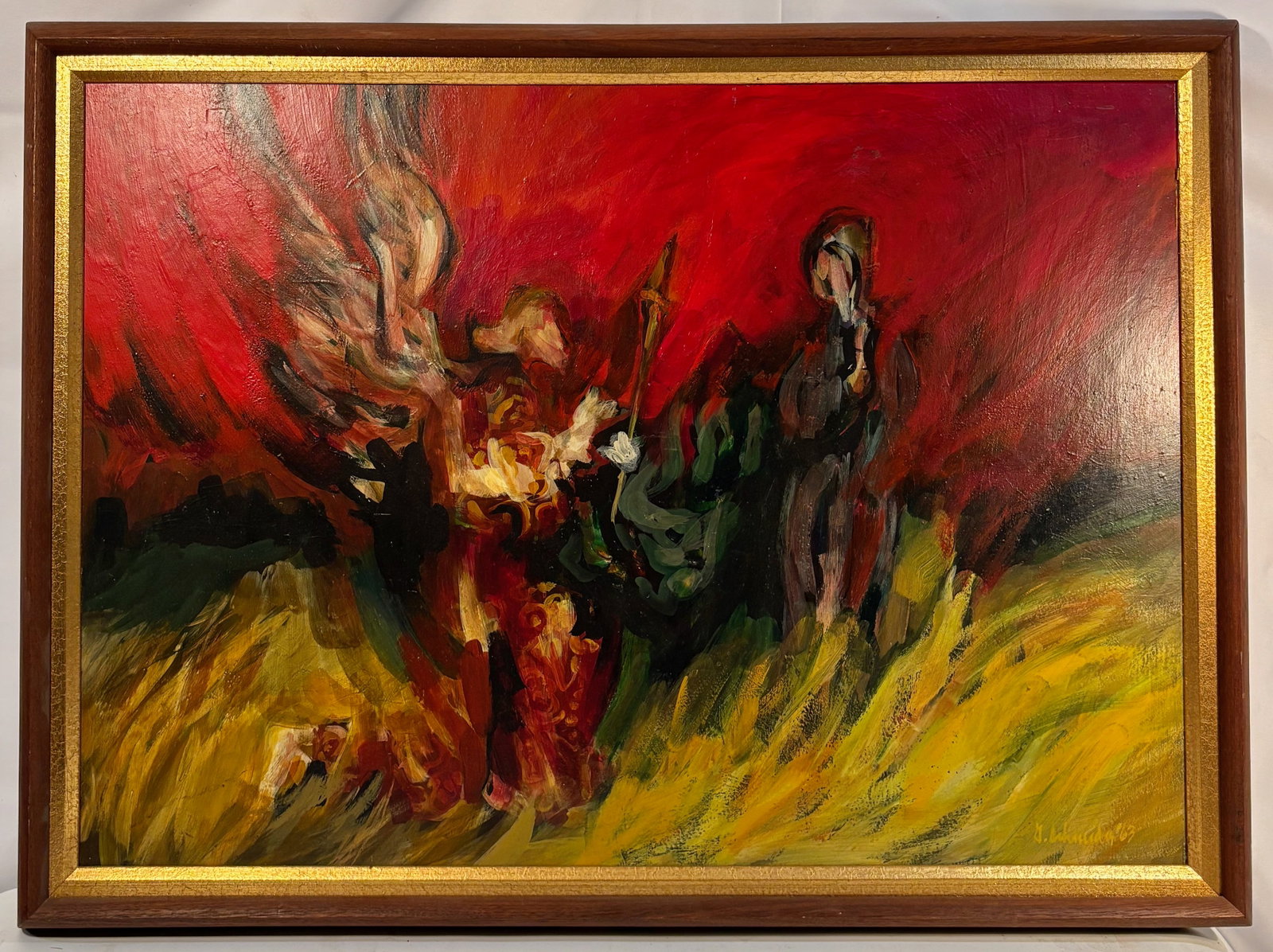 George P. Schneider(1934-2025); Annunciation, oil painting, signed & dated '63.: A powerful abstract-expressionist interpretation of the Annunciation, rendered in sweeping strokes of crimson, gold, and deep green. The angelic figure emerges from a burst of radiant light at left, c