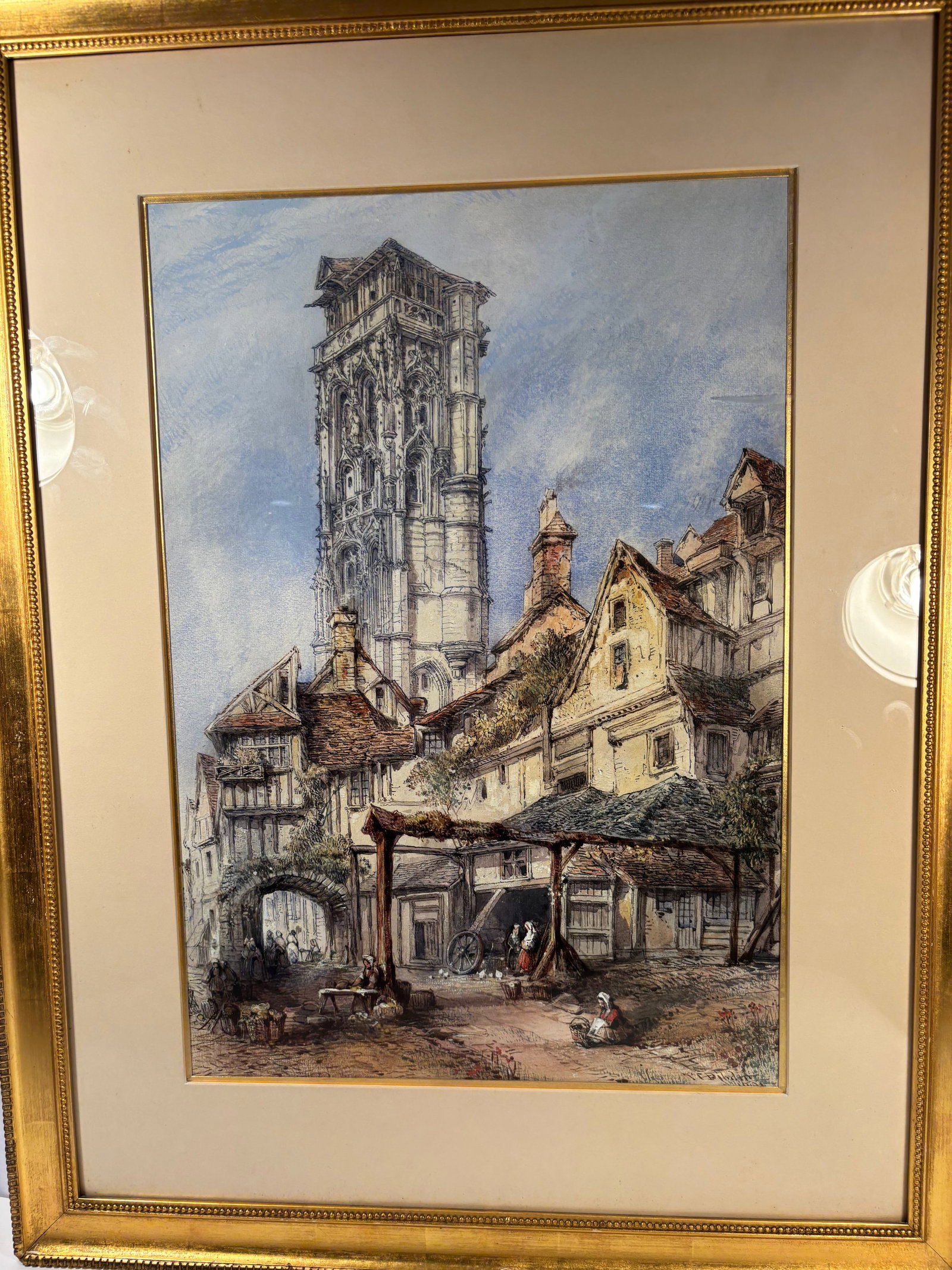 Tower of St. Jacques, Dieppe by Thomas Richard Colman Dibdin (1810 – 1893, British): meticulous watercolor view of the Tour Saint-Jacques dominating the skyline of Dieppe, Normandy.Dibdin’s composition juxtaposes the soaring Gothic tower with the everyday rhythm of street life below