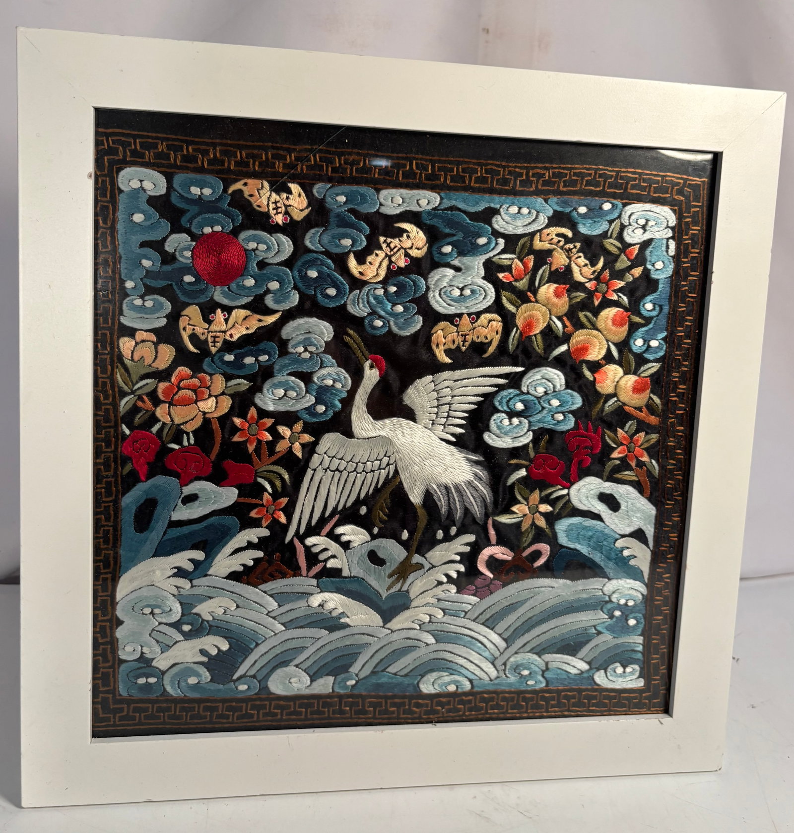 Chinese silk embroidery textile panel: This beautifully detailed vintage Chinese silk embroidery panel is designed in the style of a traditional Qing Dynasty civil official's rank badge. The central composition features a finely