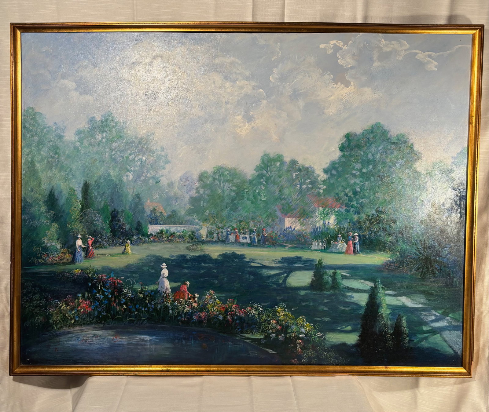 Large Judy O’Brien Galatha Signed Framed Landscape Painting, 41 x 31.5 in: Large original signed landscape painting by American artist Judy O’Brien Galatha, executed in a richly colored impressionistic manner. The composition depicts a serene reflective waterway bordered b