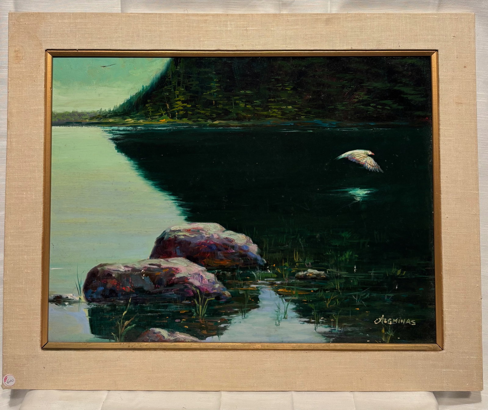 Arvydas Algminas (Lithuanian-American, 1933–2024) Lake Landscape with Bird: Original oil on canvas by Arvydas Algminas, the Lithuanian-American painter and longtime Riverside, Illinois artist. The composition depicts a serene forested lake with luminous reflections, shoreline