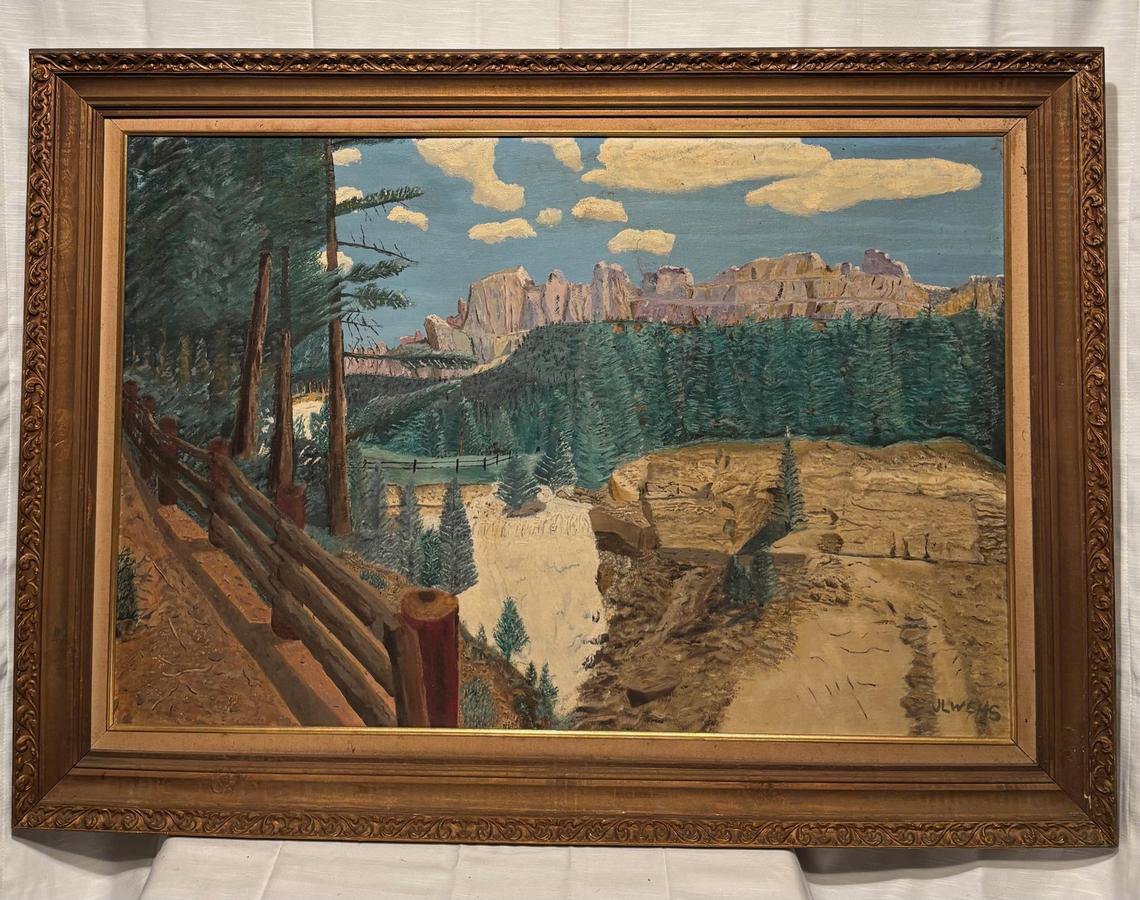 J.L. Wehs (American), Falls of Brooks Lake Creek, Wyoming, 1974, Oil on Grumbacher canvas board, 24: A large and visually striking Western landscape oil painting by J.L. Wehs, titled Falls of Brooks Lake Creek, Wyoming, completed in 1974. The composition captures a scenic mountain and canyon vista wi
