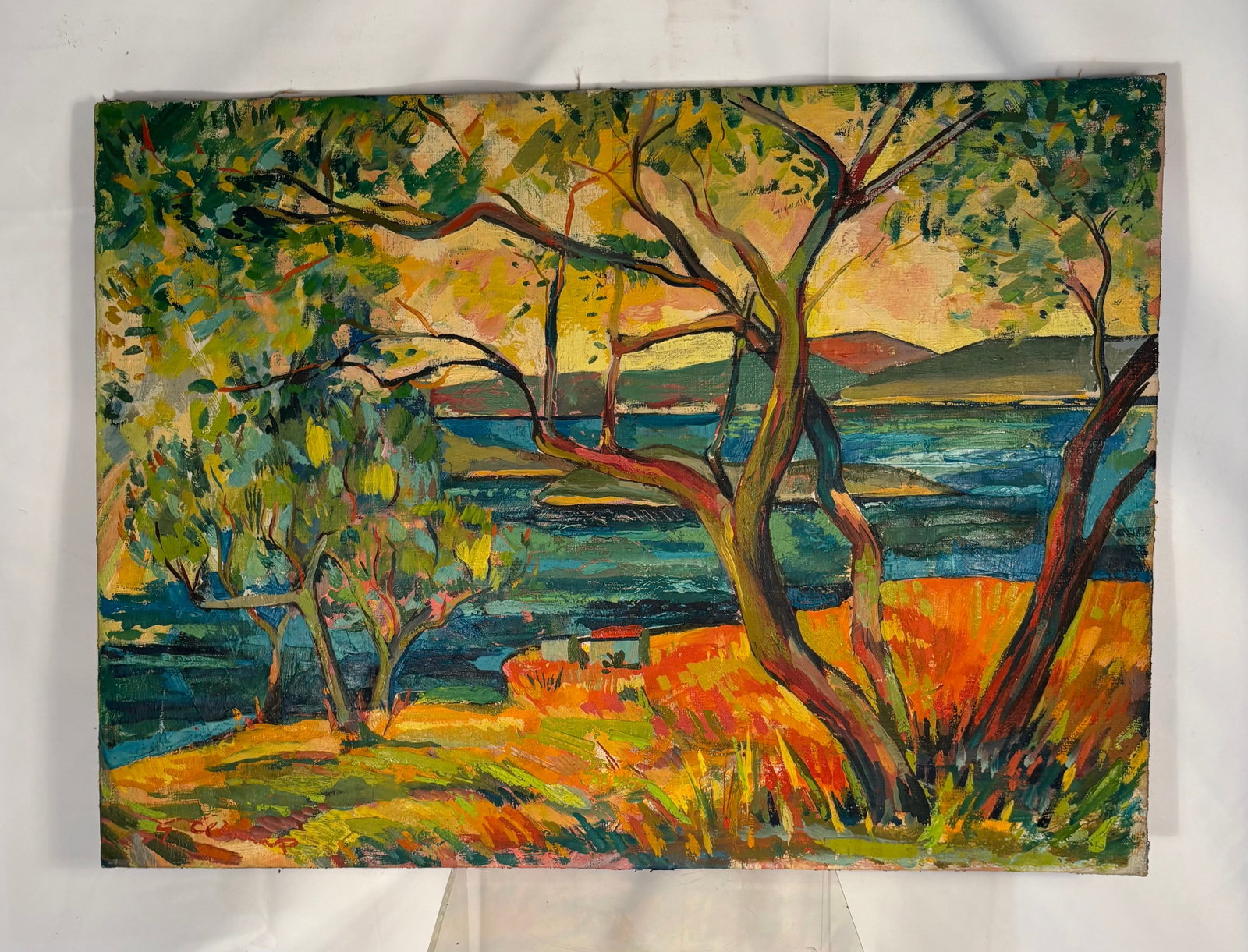 Post-Impressionist Lakeside Landscape Oil Painting, Signed “G. Lehner?? Lower Right: Colorful expressionist landscape depicting trees and a body of water under warm sunlight. Executed in thick impasto brushwork with vivid palette. Signed lower right. Frame size: 18 x 24 in.