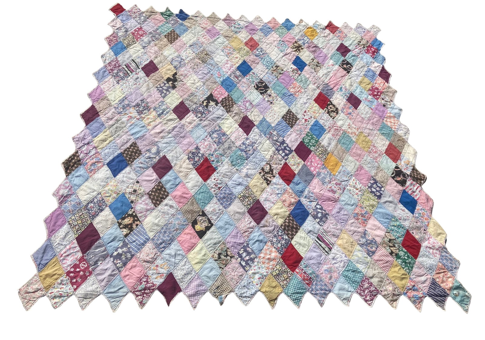 Vintage Handmade Patchwork Quilt, Diagonal Strip Scrap Cotton w/ Scalloped Edge (1 of 10)