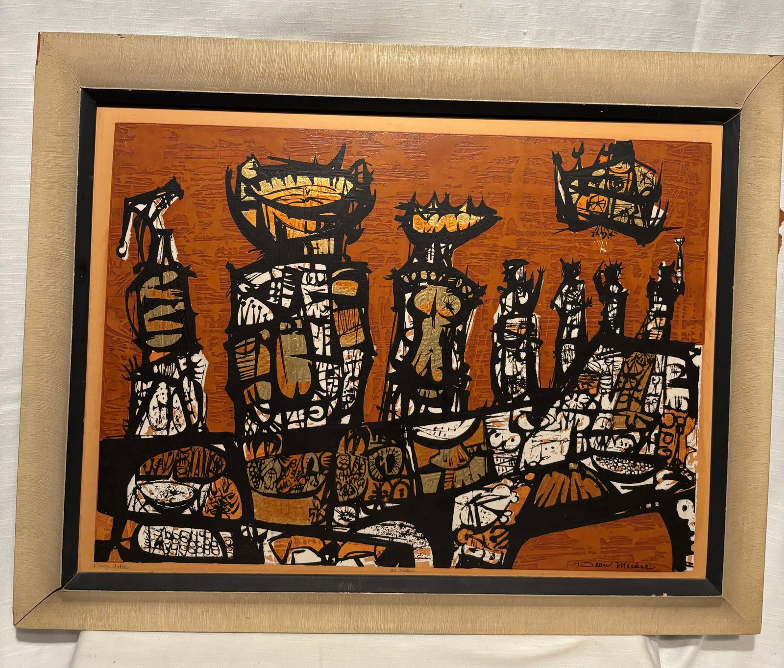 Dean Meeker Abstract Figural Composition, Textured Mixed Media Print, Framed Mid-Century Modern: Bold abstract figural composition by Dean Meeker, featuring a dynamic arrangement of stylized, totemic forms rendered in strong black linear elements against a richly textured orange ground. The surfa