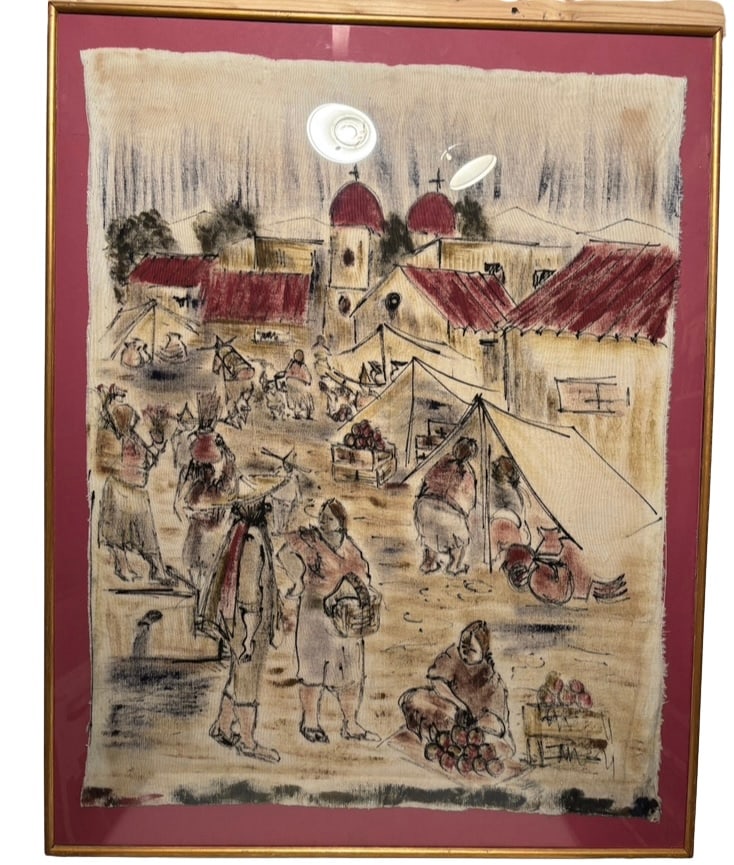 Large Mid-Century Watercolor Market Scene with Figures & Donkeys, Naïve Folk Style , 40 x 31 in: A vintage mid-20th century watercolor and ink painting depicting a lively village market scene. The composition features figures, donkeys, and tents set among clustered buildings with red roofs and do