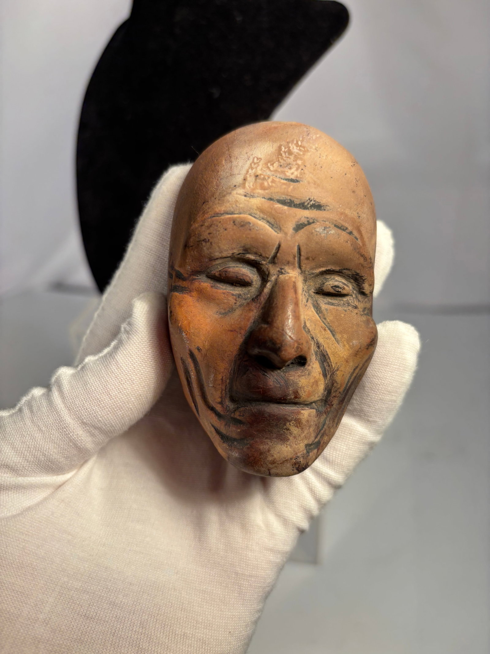 Japanese Carved Wooden Noh / Kagura Mask Late Edo–Meiji Period (19th Century): Hand-carved Japanese wooden mask in the style of a traditional Noh or Kagura theatrical mask. Depicting an elderly male with expressive carved facial features and traces of original surface finish. Th