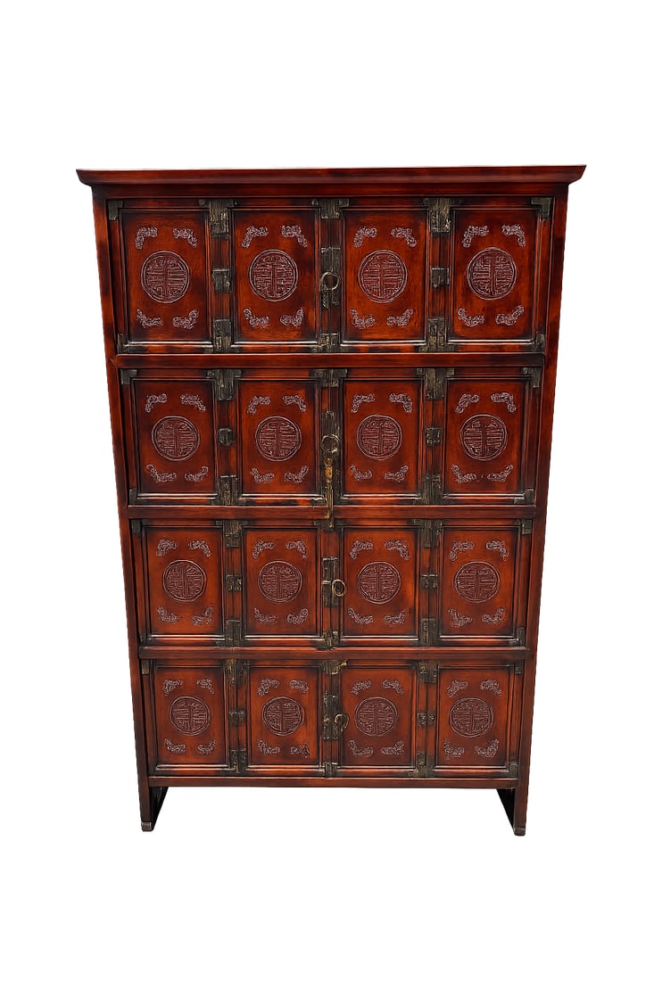 Chinese Silver-Wire-Inlaid Wood Multi-Door Wedding Cabinet with Double Happiness and Bat Motifs: A Chinese stained wood multi-compartment cabinet featuring silver-wire-inlaid circular “Double Happiness” symbols surrounded by stylized bat motifs. The cabinet is fitted with numerous paneled