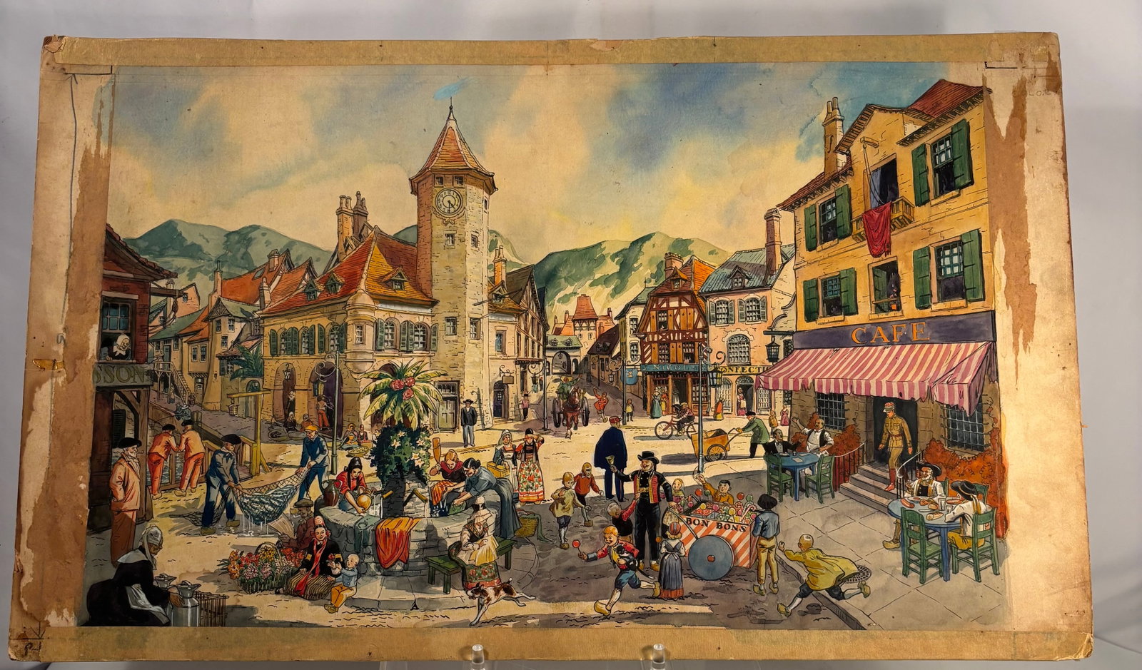 Vintage European School Watercolor & Ink Town Market Scene (1 of 13)