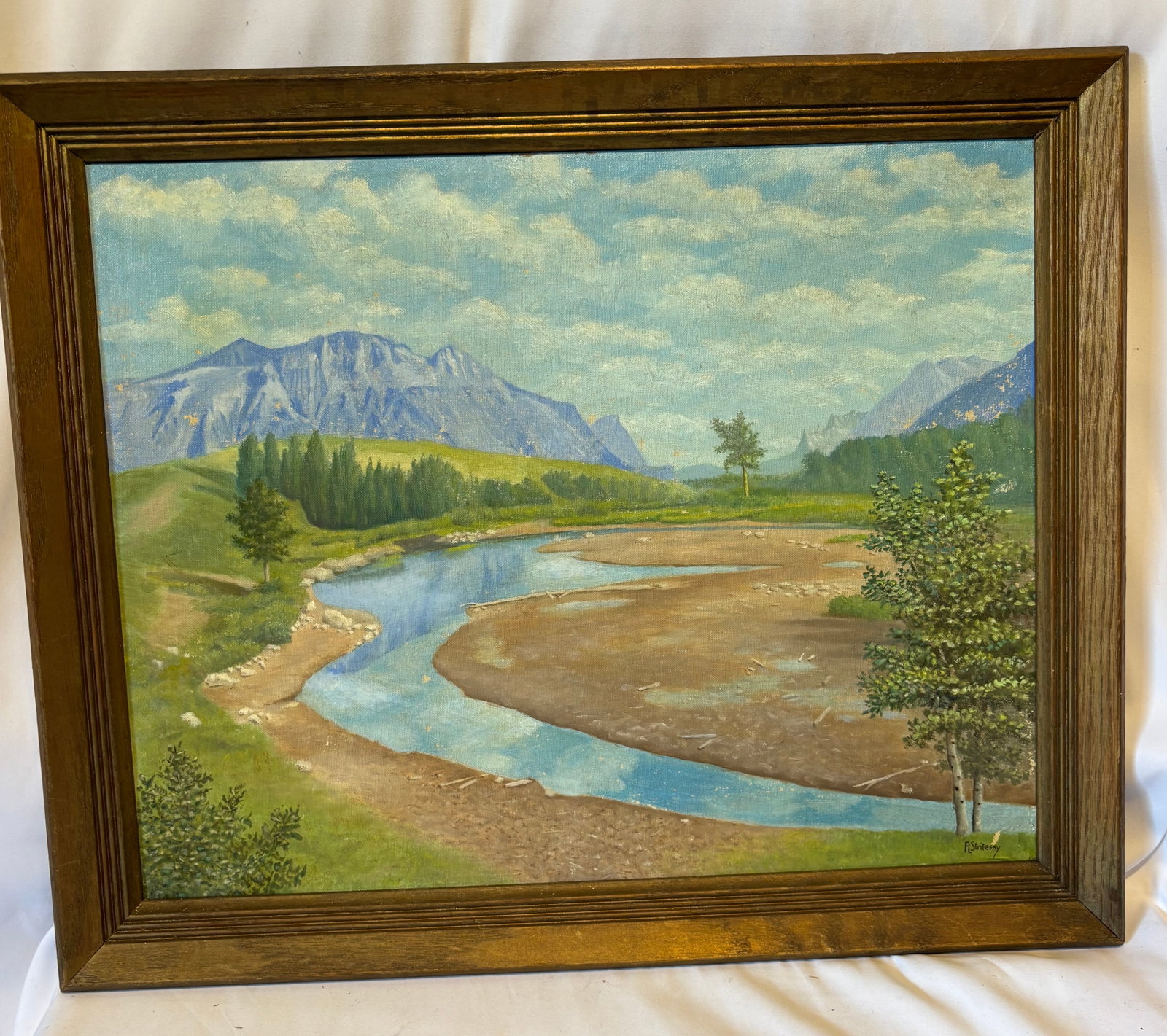 Wisconsin Artist F. L. Stritesky, Blakiston Creek – Waterton Lakes, 1963, Oil on Canvas Panel: This original 1963 mid-century landscape oil painting titled Blakiston Creek was created by American regional artist Frank L. Stritesky on a 16" × 20" M. Grumbacher canvas panel. Rendered in a realis