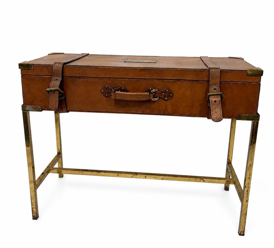 Vintage British Campaign Style Leather-Wrapped Storage Trunk Console on Stand (1 of 12)