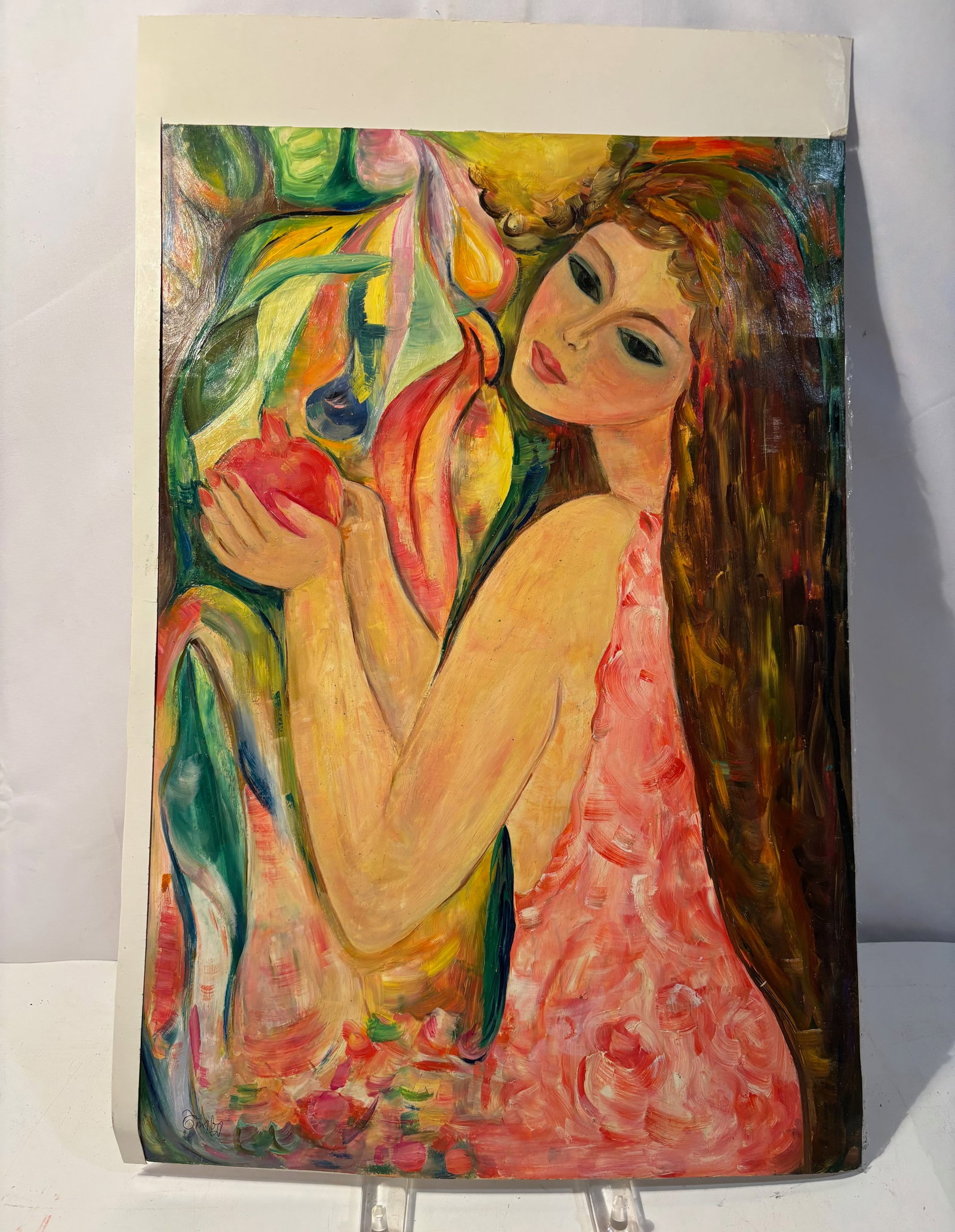 Silva Karchorle (Armenian), “Shusher (Armenia)?? Figural Painting with Pomegranate: Expressive contemporary Armenian figural painting depicting a stylized young woman holding a pomegranate against a vibrant abstract floral background. Rendered in rich pink, coral, green, and golden t