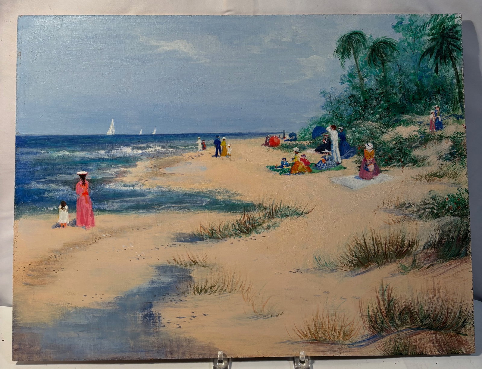 Judy O’Brien Galatha Coastal Beach Scene, Acrylic on Gessoed Masonite: Original acrylic painting on gessoed Masonite by Judy O’Brien Galatha, Charlotte, North Carolina. The work depicts an elegant impressionist coastal beach scene with strolling and seated figures amon