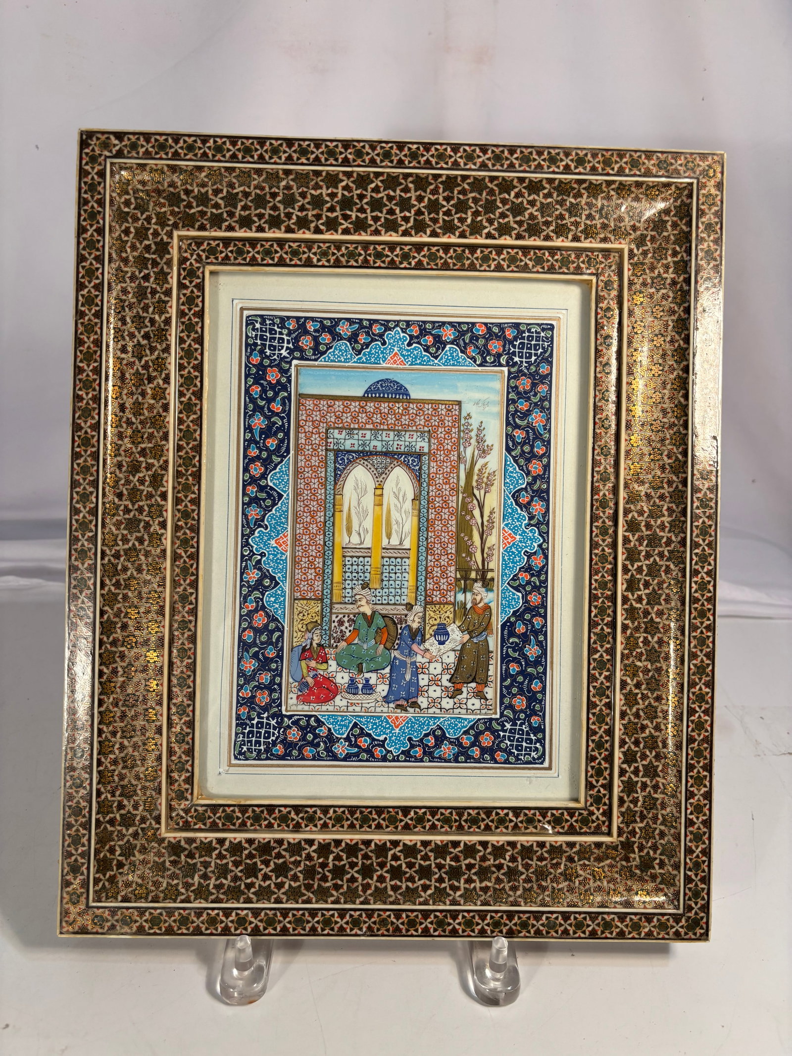 Fine Persian Miniature Painting in Elaborate Khatam Marquetry Frame (1 of 8)