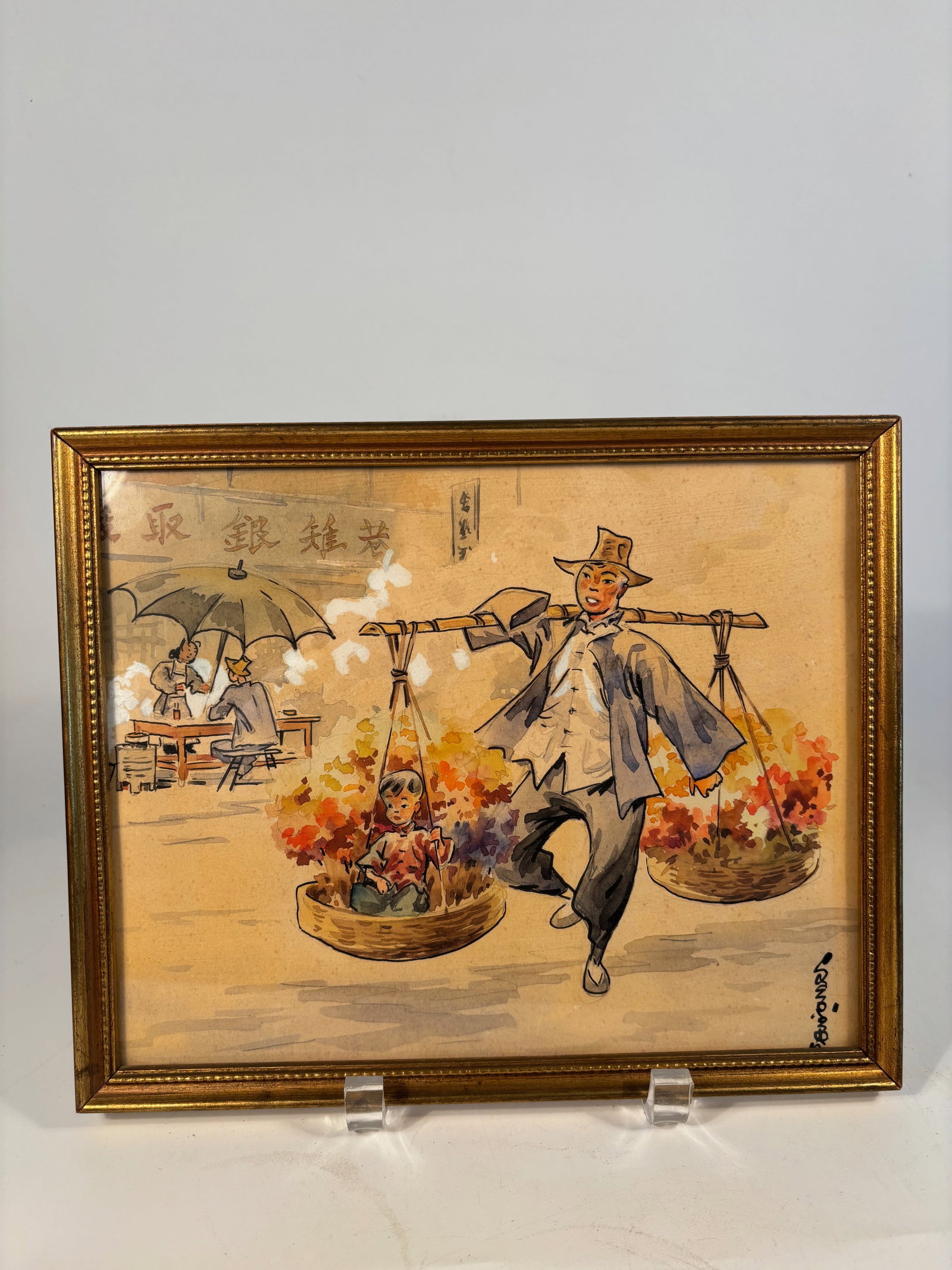 Ding Song (????, 1891–1972), Humorous Street Scenes Framed: vintage Chinese gouache paintings on paper, humorously depicting mid-20th century urban street scenes in a cartoon style. One shows a flower vendor carrying two large baskets on a shoulder pole, with 