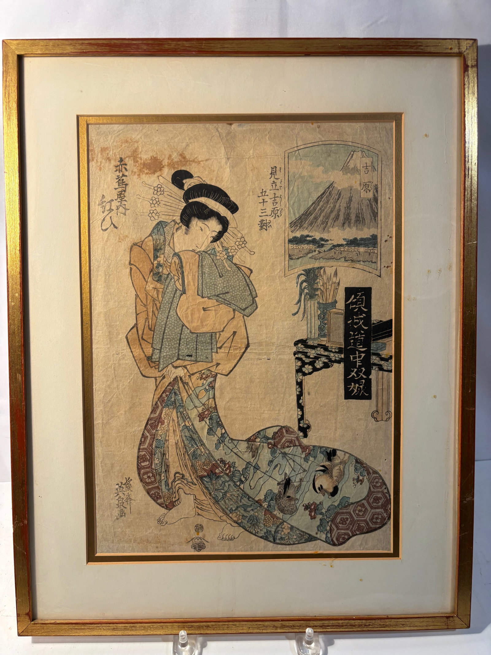 Keisai Eisen (1790–1848) Edo Woodblock Print, Beauty from the “Mitate Yoshiwara Fifty-Three: An original Japanese ukiyo-e woodblock print by Keisai Eisen (1790–1848) from the celebrated “Mitate Yoshiwara Gojusan Tsui” (Parody of the Fifty-Three Stations of Yoshiwara) series.The prin