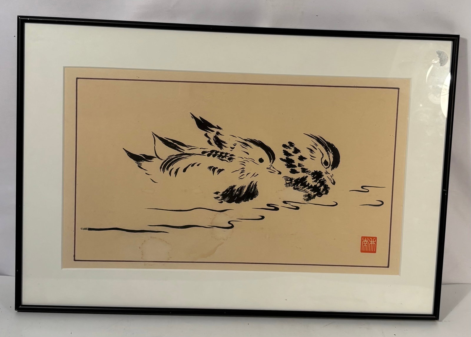 Signed Lin Nan Chinese Ink Brush Painting of Two Sparrows: A framed Chinese ink brush painting depicting two sparrows rendered in bold, expressive black strokes with elegant use of negative space. The composition is signed with a red seal lower right and attr