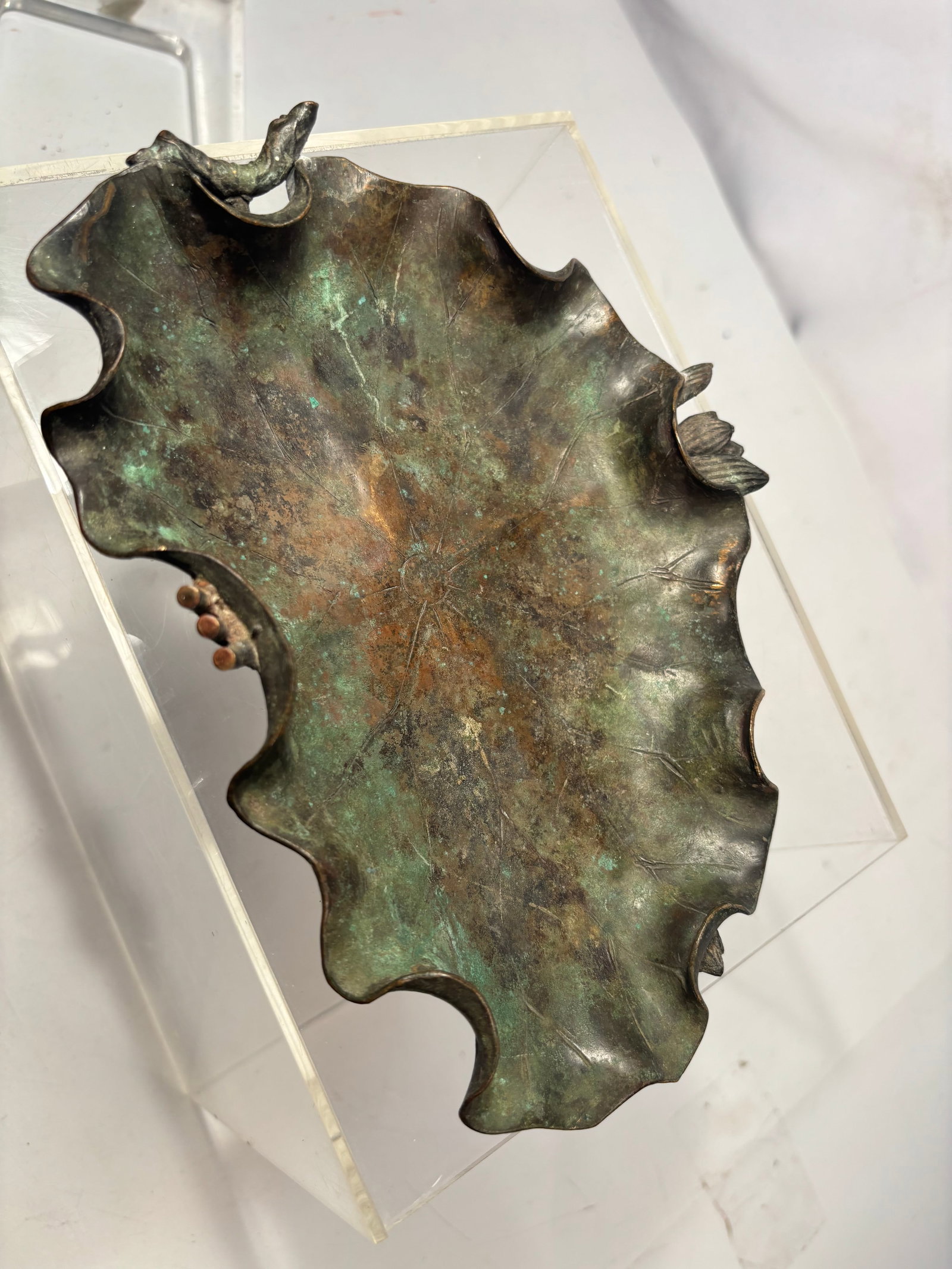 Japanese Bronze Lotus Leaf Tray with Applied Insects and Frog Meiji Period (1868–1912 ): A Japanese bronze tray dating to the Meiji period (1868–1912), naturalistically cast in the form of a broad lotus leaf with an undulating rim and finely incised radiating veins. The edges are embell
