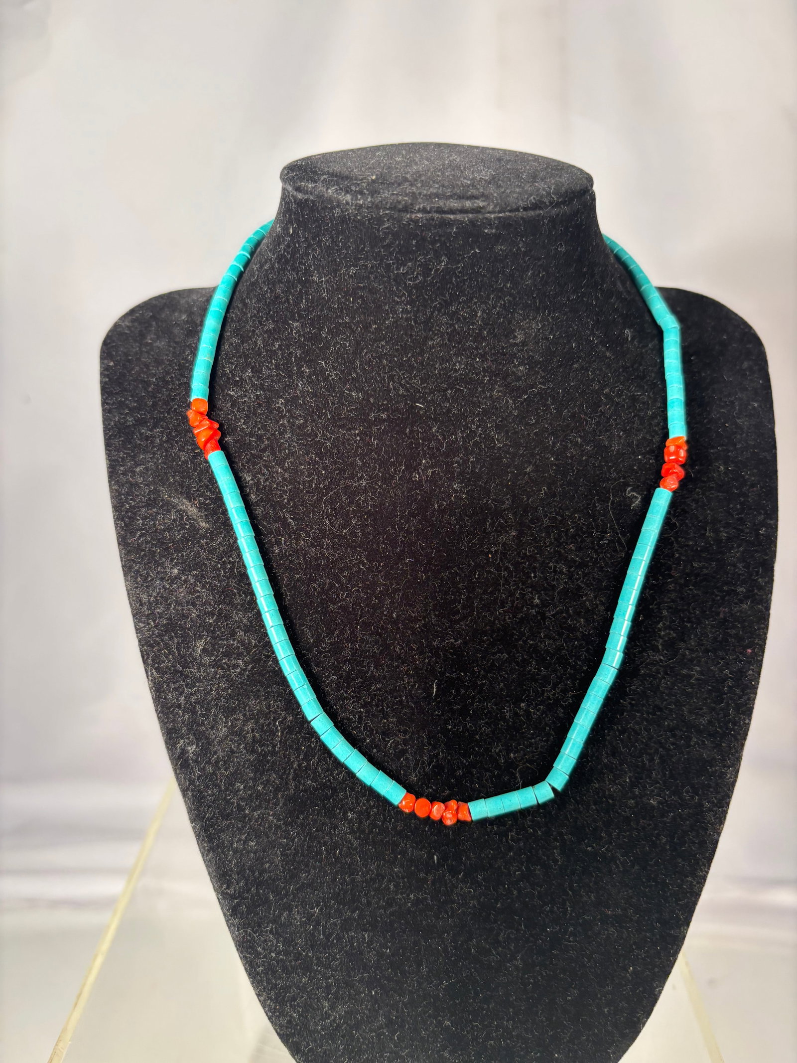 Natural Turquoise Heishi Bead Necklace with Red Coral Accent Beads (1 of 6)