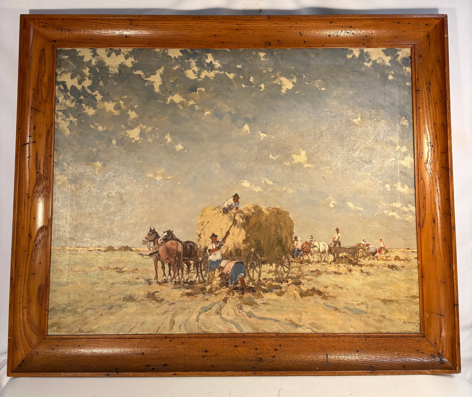 József Csillag (Hungarian, 1894–1977), “Hay Baling Under Big Sky,?? Oil on Canvas: An oil-on-canvas painting titled Hay Baling Under Big Sky by Hungarian artist József Csillag (1894–1977). The expansive rural composition depicts farm workers gathering and loading hay onto horse-d