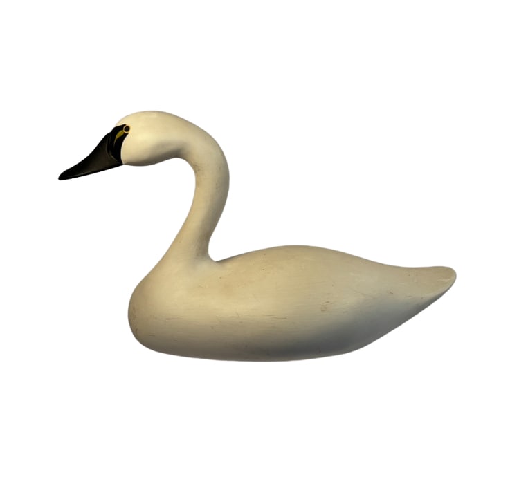 Charles Jobes Signed 1988 Hand-Carved Tundra Swan Decoy: A vintage hand-carved and painted wooden tundra swan decoy by noted Havre de Grace, Maryland carver Charles Jobes. Finely modeled with an elegant curved neck, white-painted body, black bill and facial