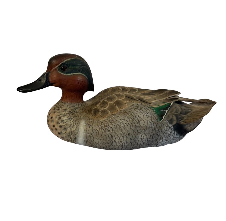 Jeffrey A. Moore Signed 1994 Green-Winged Teal Drake Decoy: An exceptionally detailed hand-carved and painted wooden green-winged teal drake decoy by noted Maryland master carver Jeffrey A. Moore. The realistically modeled bird features inset glass eyes, a che