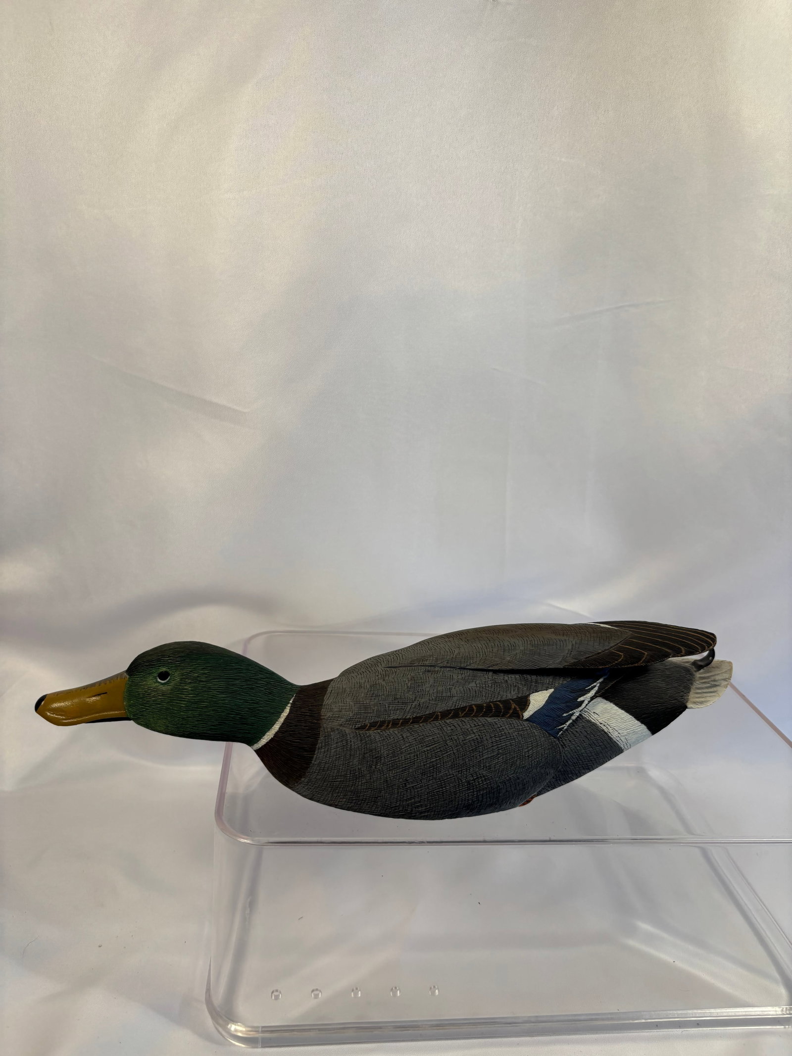 Gregg E. Ewell (1959-2022) Signed 1993 Hand-Carved Mallard Drake Decoy: A finely hand-carved and hand-painted Mallard drake decoy by award-winning Delaware wildfowl carver Gregg E. Ewell (1959–2022). Realistically modeled with inset eyes, a richly colored green head, ye