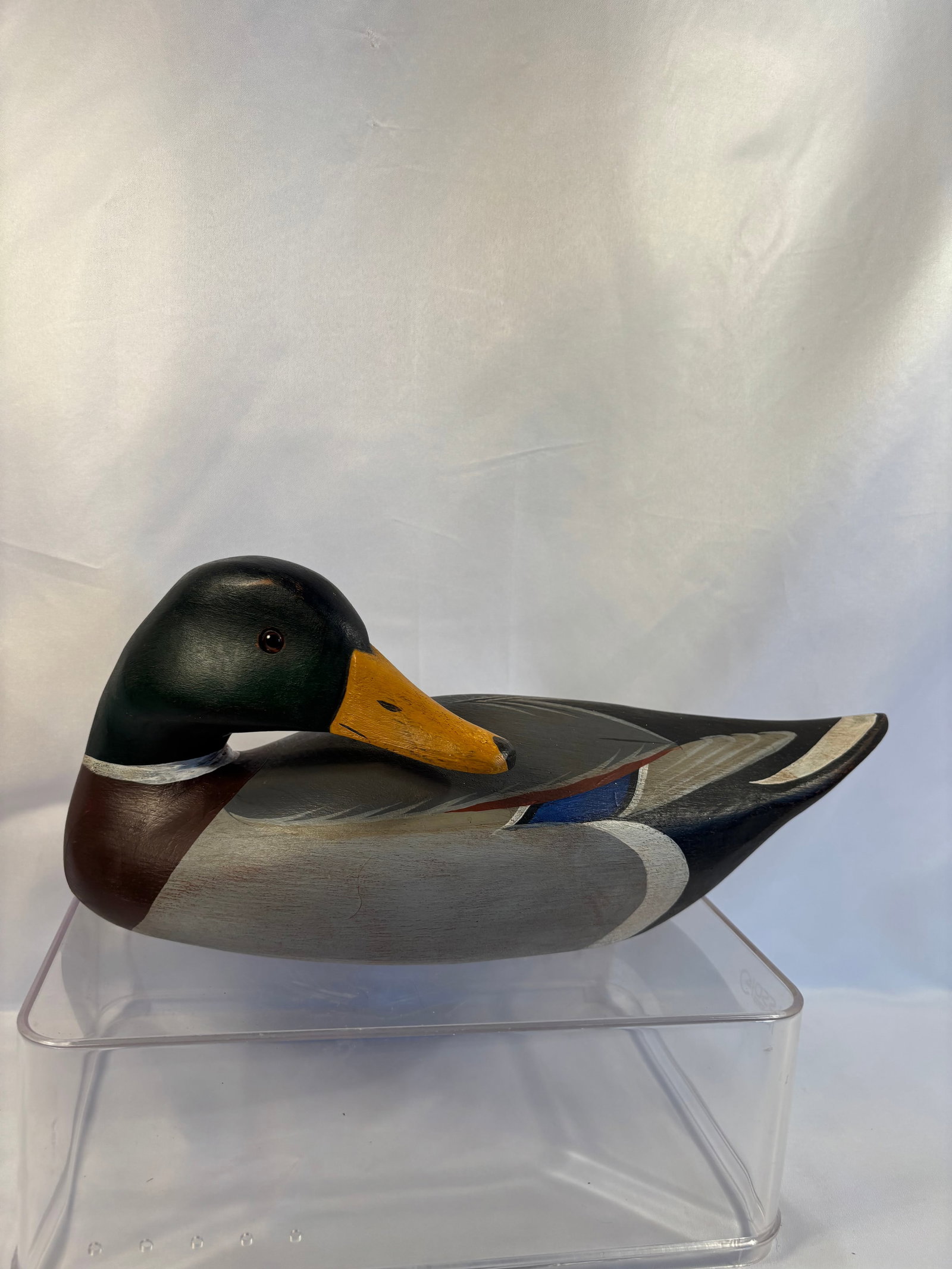 1987 Signed Hand-Carved Mallard Drake Duck Decoy: Vintage hand-carved and painted mallard drake decoy, realistically modeled with a green head, yellow bill, white neck ring, and detailed wing plumage. Artist-signed and dated “87” on the under