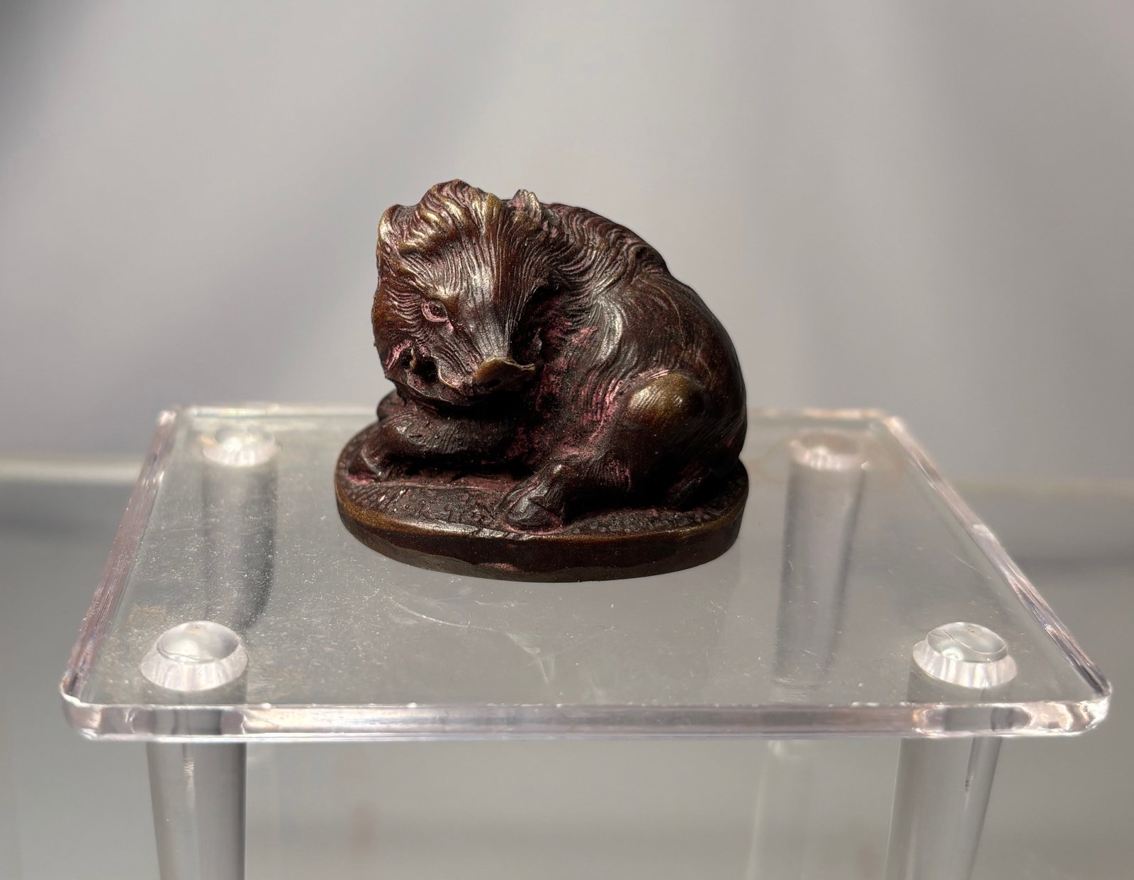 Japanese Bronze Netsuke of a Seated Shishi (Lion Dog), Signed: A finely cast Japanese bronze netsuke depicting a seated shishi (mythical lion dog), shown in a compact, curled posture with expressive facial features and a richly textured mane. The sculpture displa