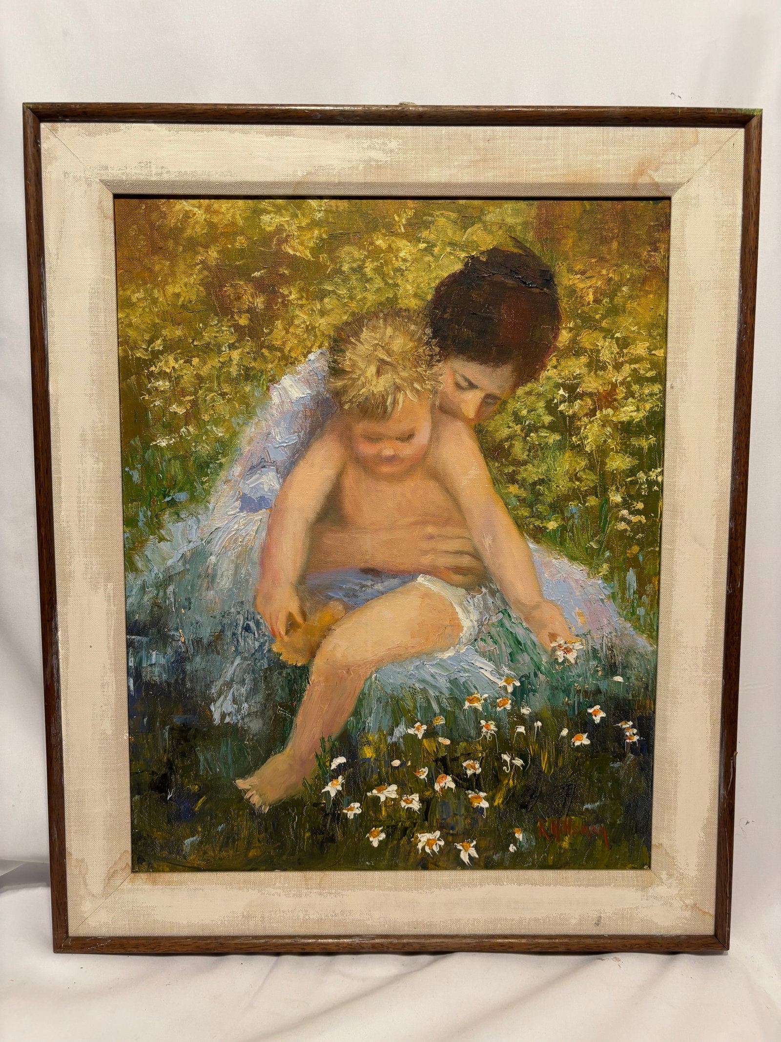 R. Hillsman (20th Century) Oil on Canvas, Mother and Child: Original oil on canvas painting depicting a tender mother and child seated among wildflowers. Executed in an impressionist manner with rich palette-knife texture and vibrant coloration. Signed lower r