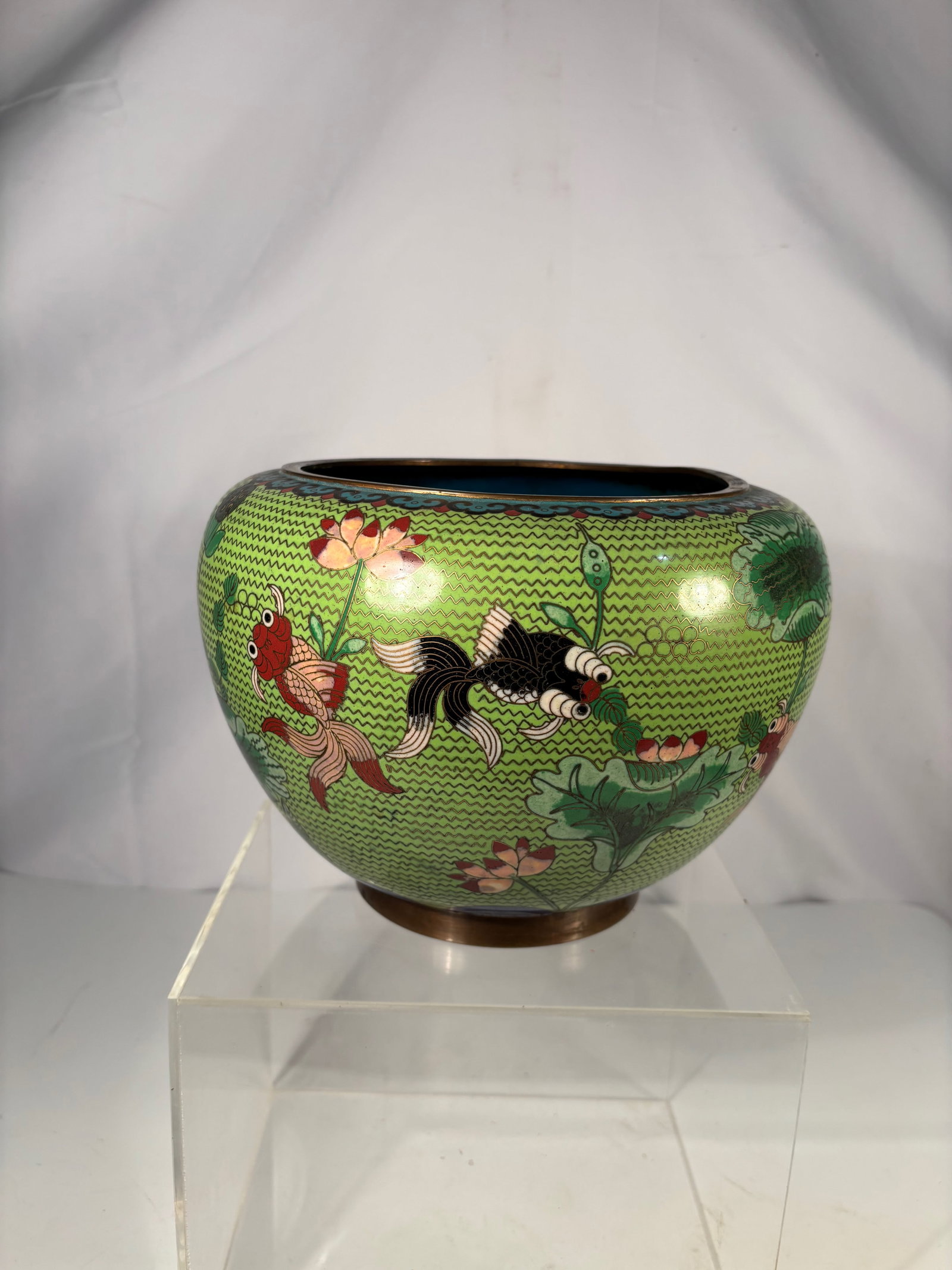A Chinese Cloisonné Enamel Fish & Lotus Bowl: Around Diameteer: 10 inches