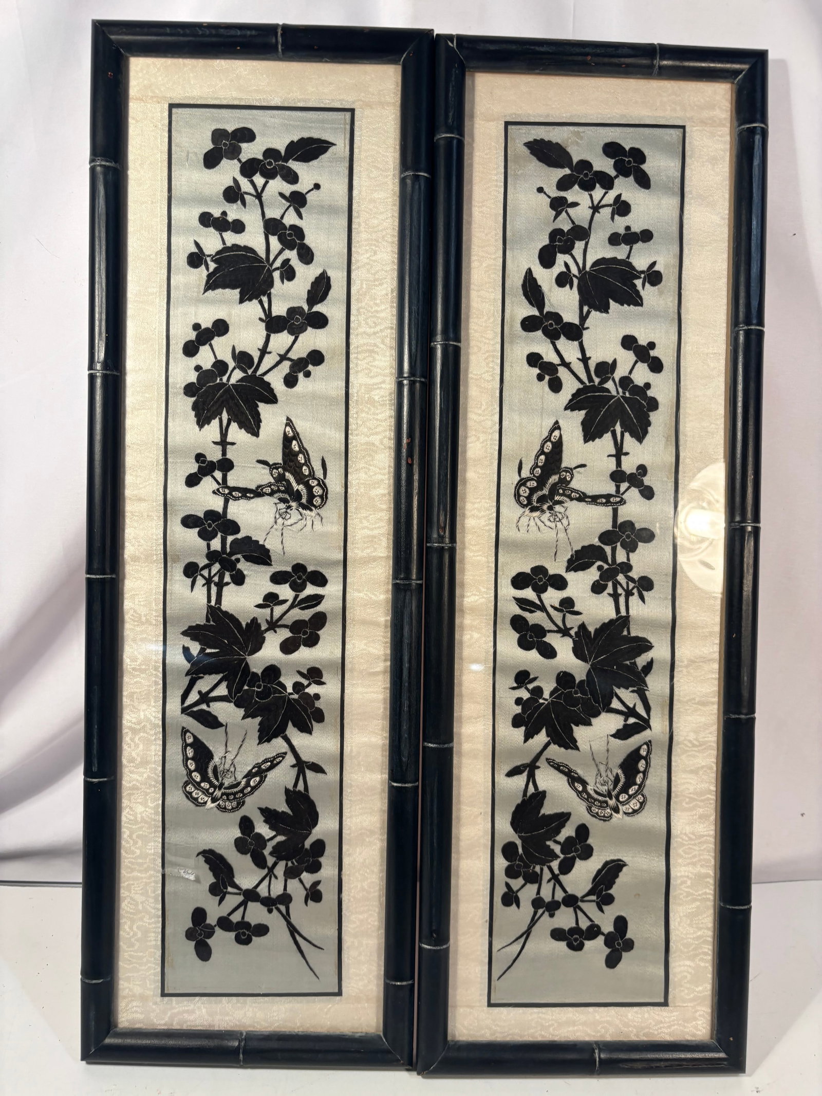Pair of Chinese Silk Embroidered Butterfly and Floral Panels, 19th century (1 of 5)