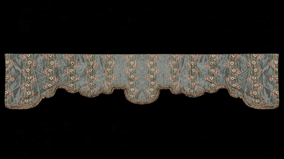 Antique 19th-Century French-Style Floral Silk Brocade Lambrequin Valance with Passementerie Fringe: An impressive antique French-style drapery valance, also known as a lambrequin or pelmet, crafted from lustrous sage or sea-green silk satin. The textile is decorated with repeating vertical floral ba