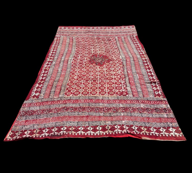 Vintage Indian Hand-Block Printed Cotton Prayer Textile with Red Backing 123 X 68 in. (1 of 10)
