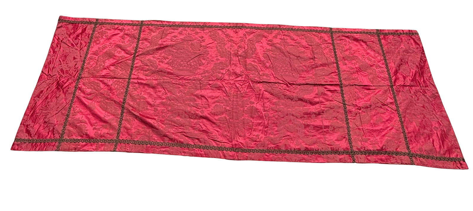Antique French Red Silk Damask Brocade Woven Fabric Wall Hanging 31 X 92 in.: A decorative vintage French textile crafted from rich red silk damask brocade, featuring intricately woven tonal floral and foliate motifs. Constructed from multiple fabric panels joined and bordered 