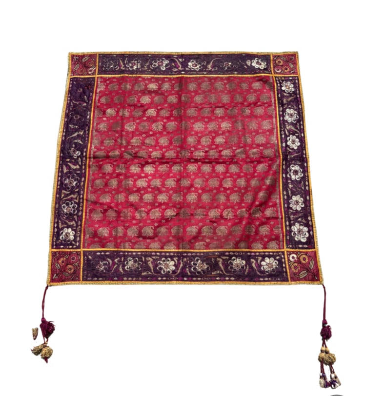 Antique Indian Gujarat Silk Zari Brocade Embroidered Wedding Chakla Textile 34 X 34 in. Early 20 th: An antique Indian ceremonial chakla textile, likely originating from Gujarat or the Kutch region. The square panel features a rich crimson silk ground woven with repeating gold- and silver-toned zari 