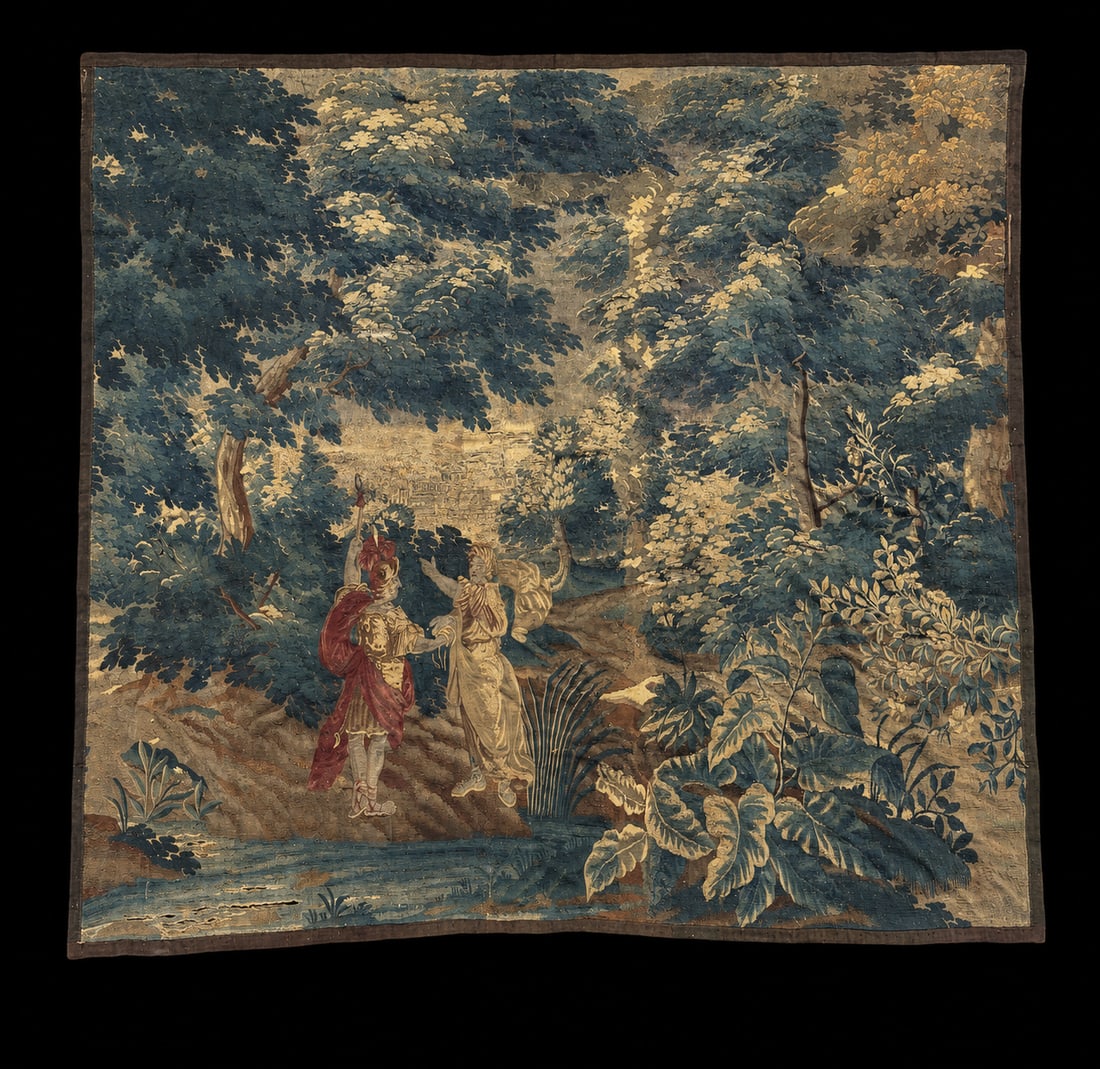 Antique 18th-Century French Aubusson Verdure Tapestry "Dido and Aeneas at the Hunt" 99 x 102 in.: An Lage antique French Aubusson-style verdure tapestry, likely depicting Dido and Aeneas during or departing for the hunt described in Book IV of Virgil’s Aeneid. The scene portrays a classically dr